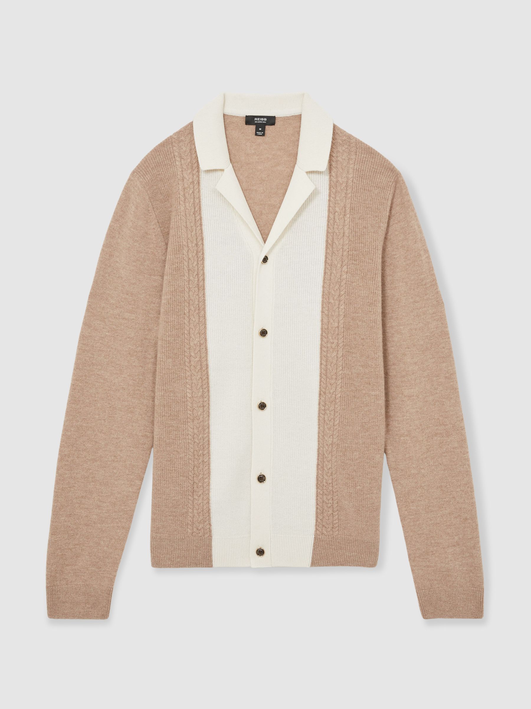 Wool Colourblock Knitted Shirt in Camel
