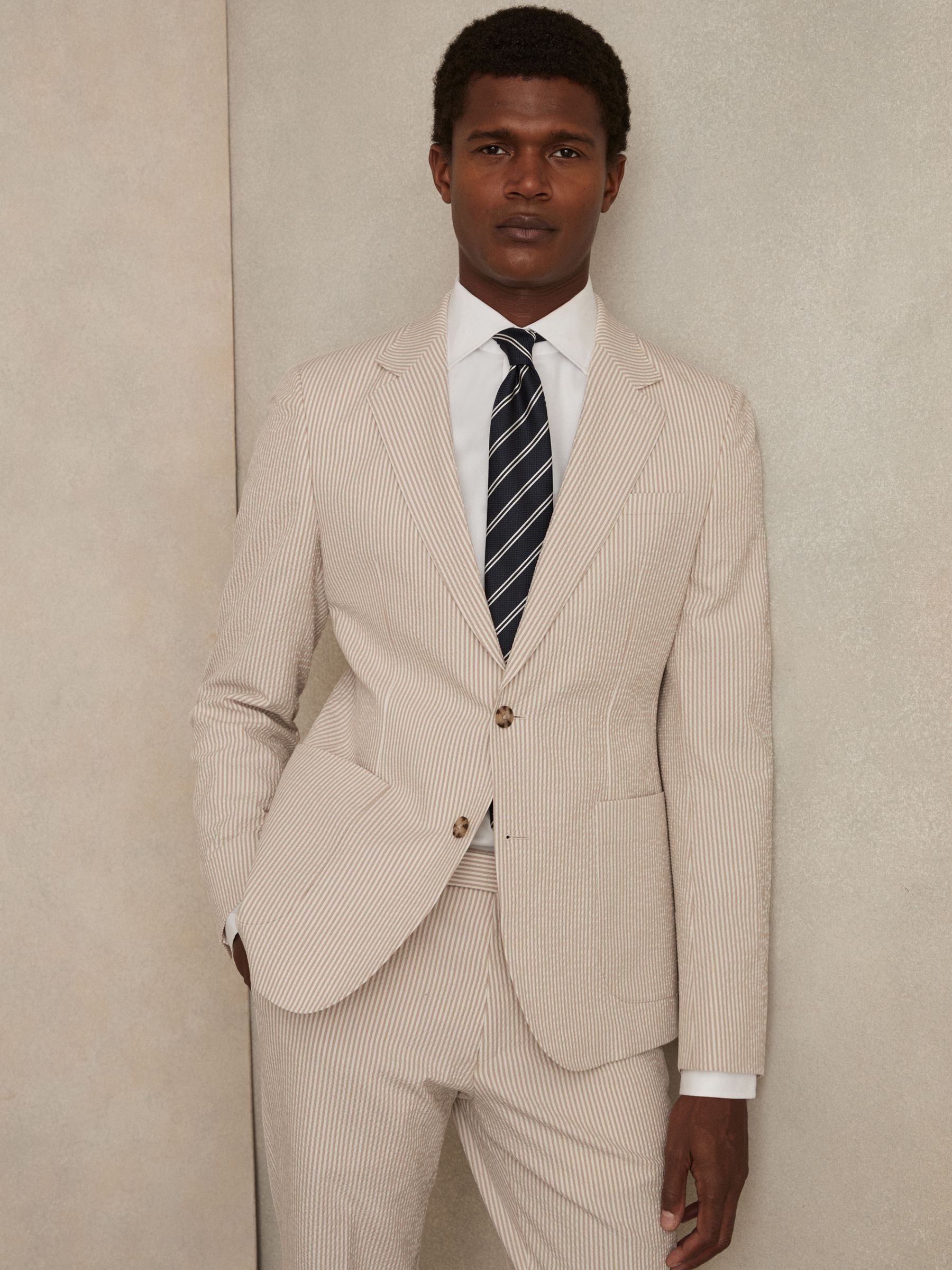 Seersucker Single-Breasted Suit Blazer Slim-Fit in Oatmeal/White