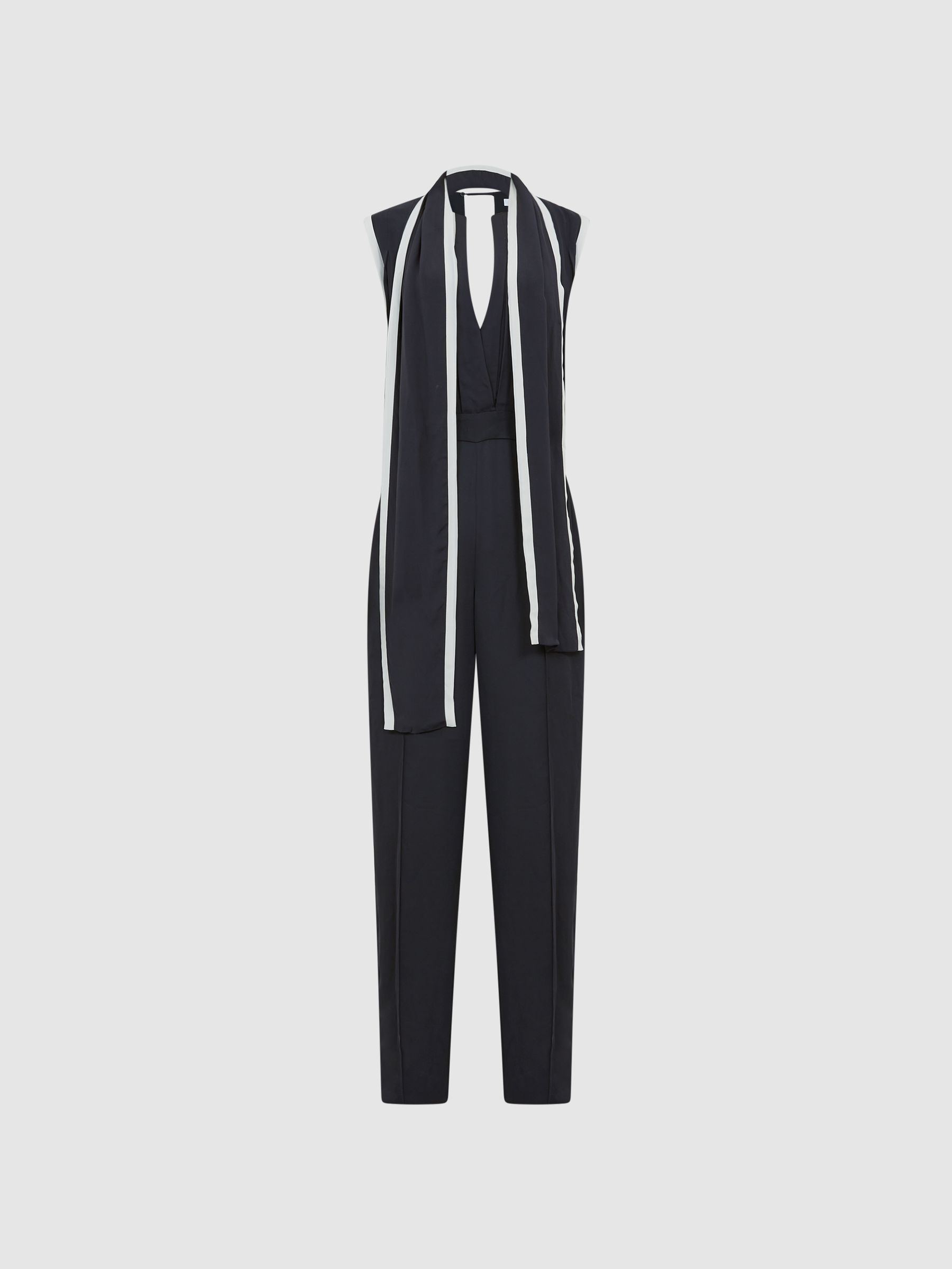 Petite Neck Tie Wide Leg Jumpsuit in Black