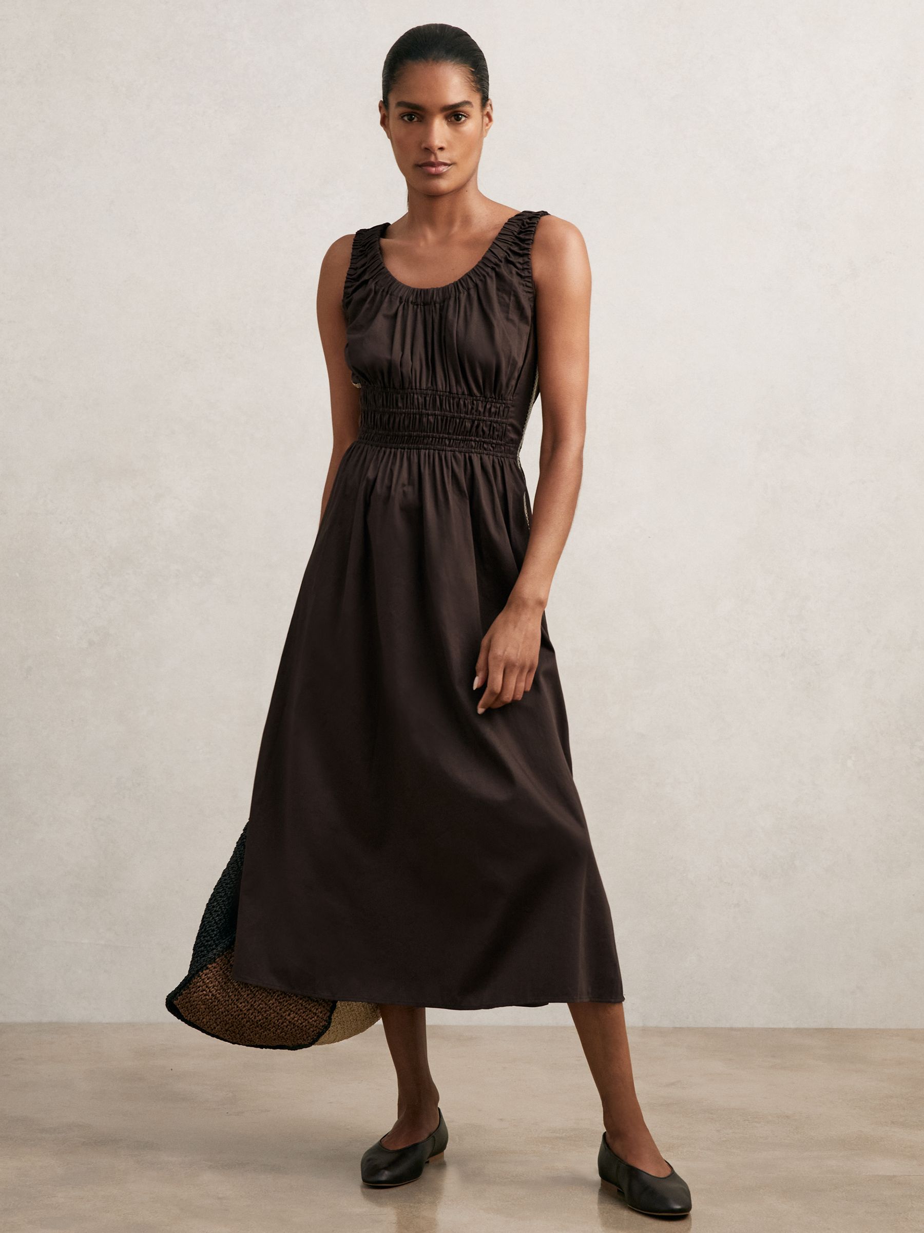 Cotton Craft-Stitch Shirred Midi Dress in Brown