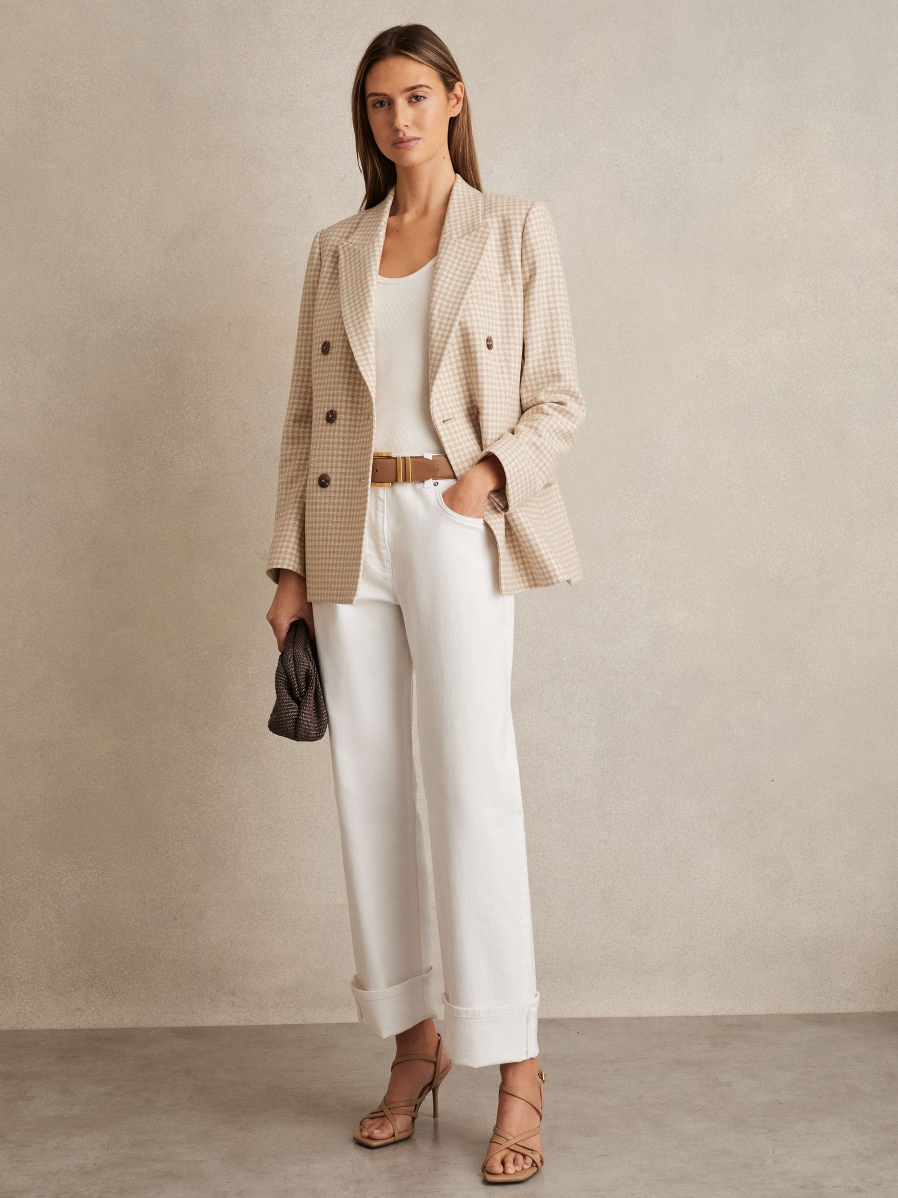 Petite Double Breasted Check Blazer With Wool in Neutral Check