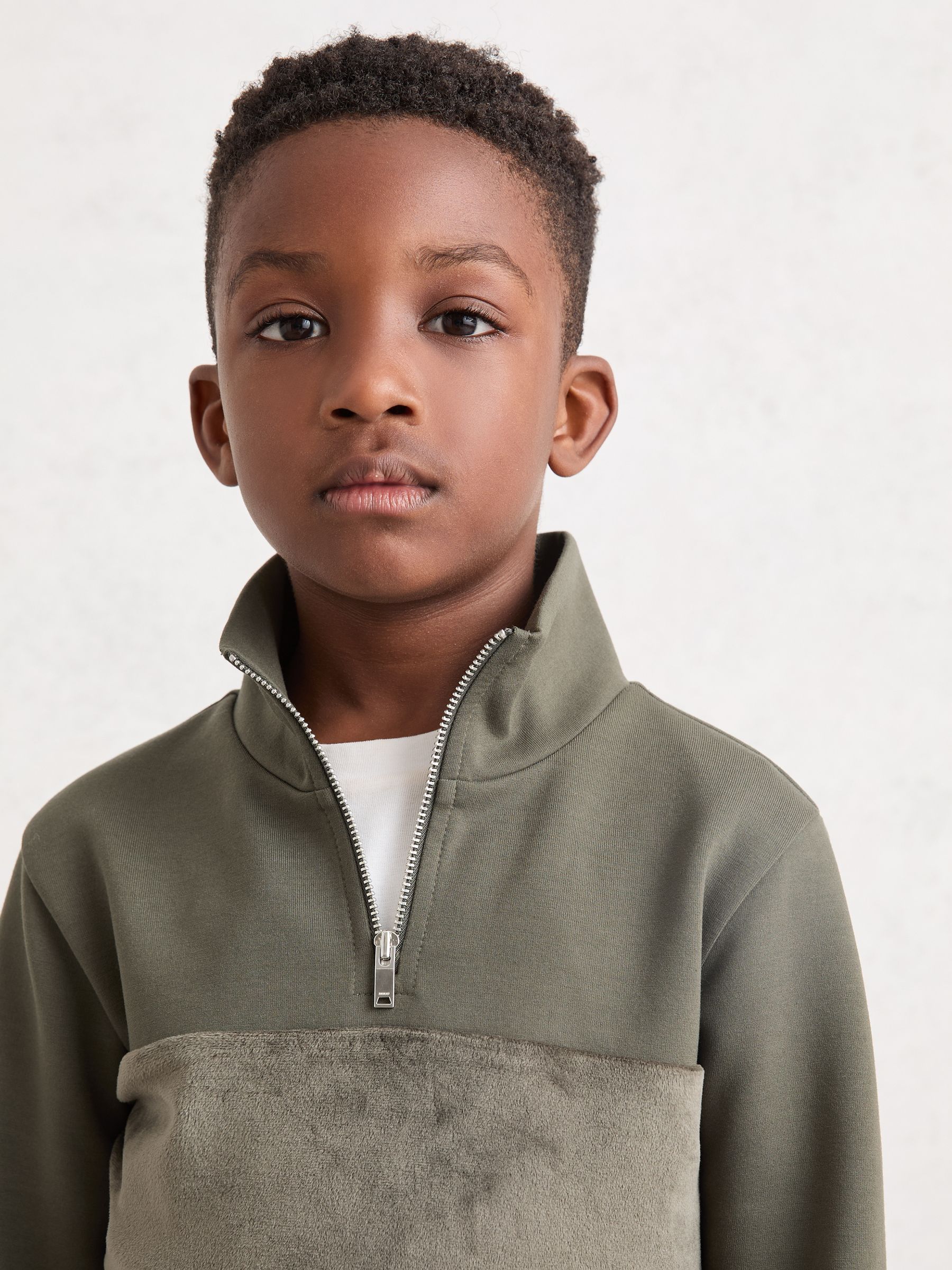 3-9 yrs Slim Fit Half-Zip Funnel Neck Velour Sweatshirt in Dark Sage Green