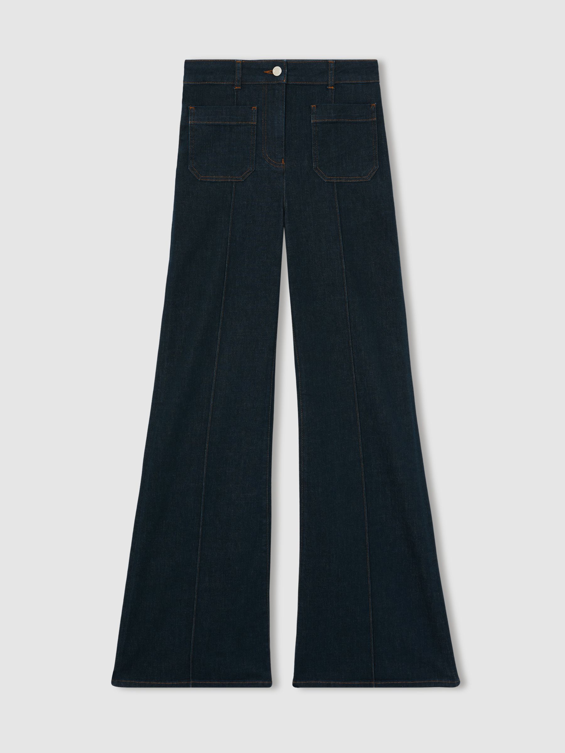 Petite Patch-Pocket Flared Jeans in Dark Blue