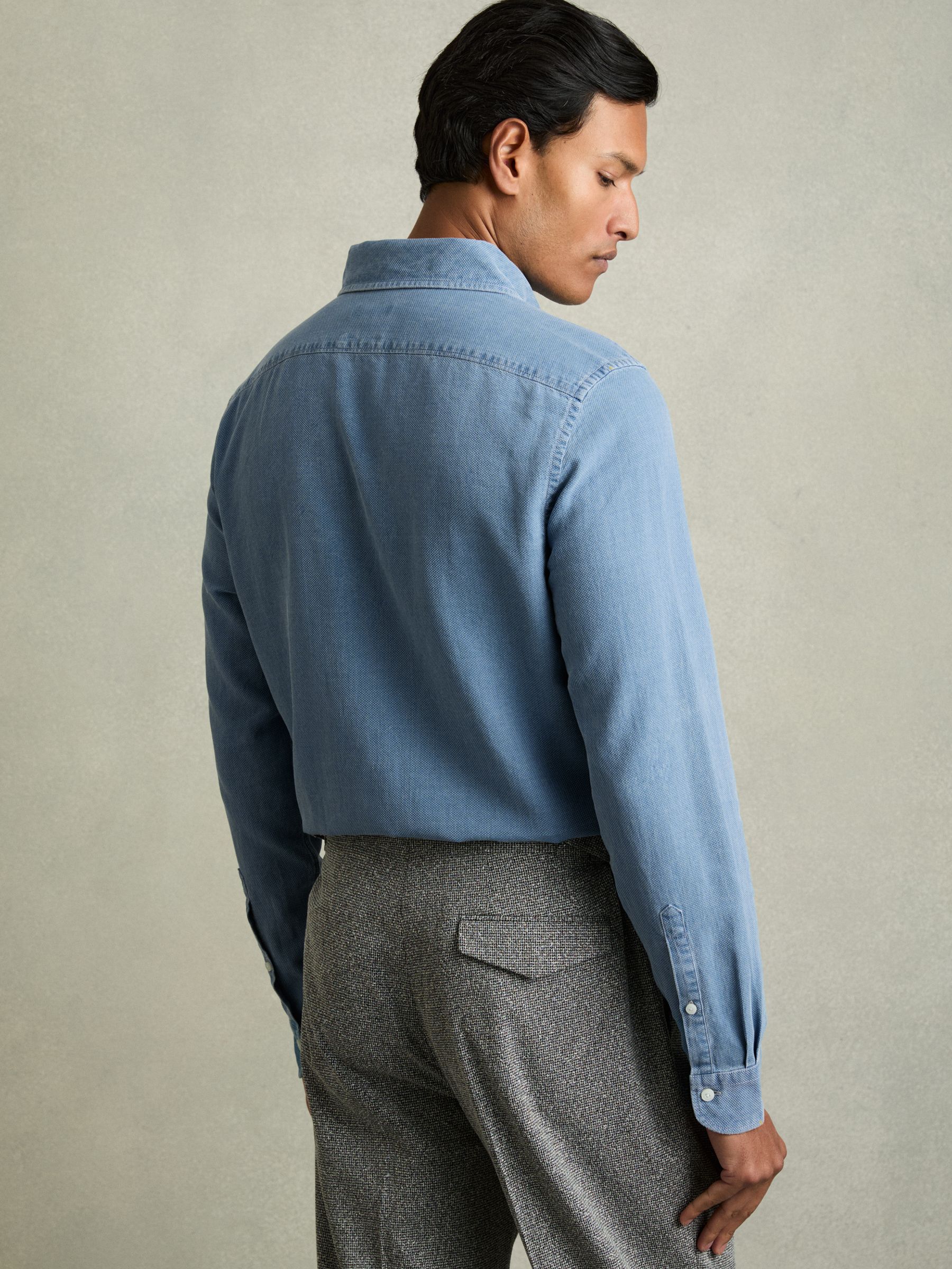 Denim Piqué Button-Through Shirt in Indigo Blue