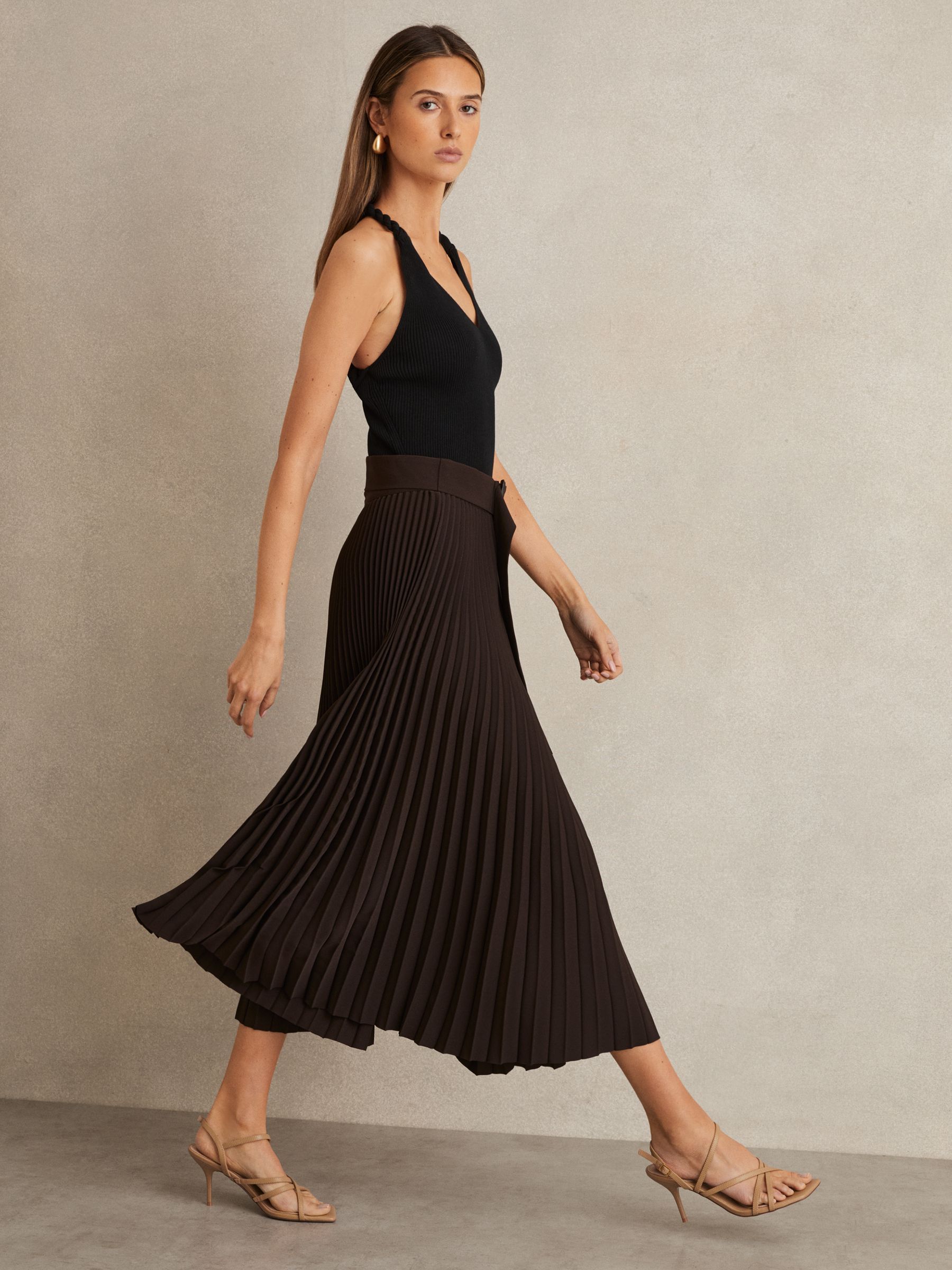 Pleated Belted Midi Skirt in Chocolate Brown