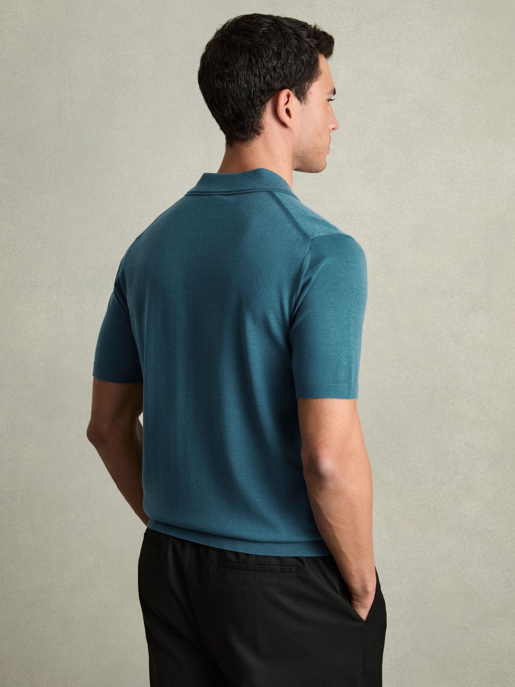Merino Wool Open Collar Polo Shirt in Deep Teal Blue