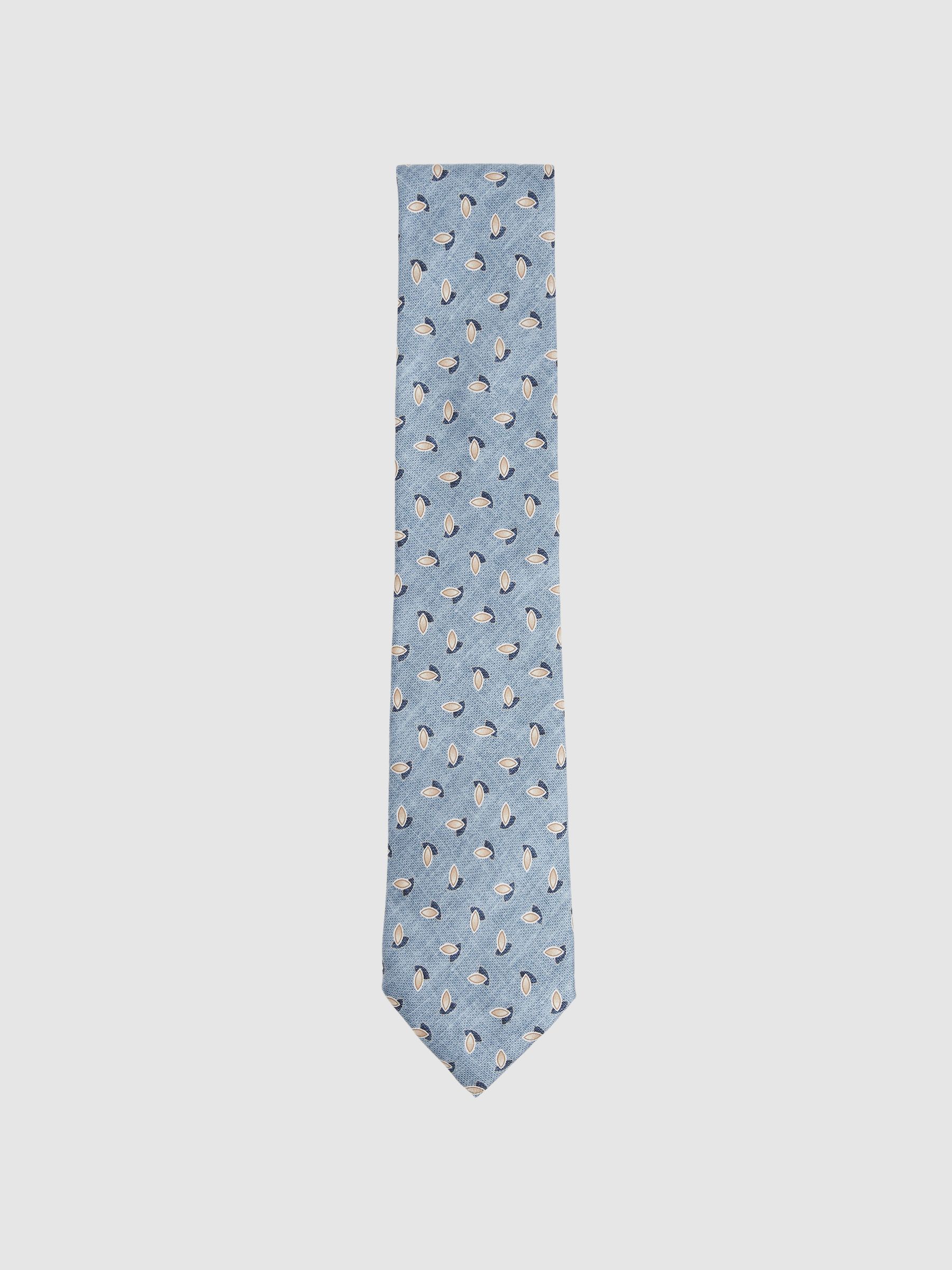 Silk Geometric Print Tie in Soft Blue Melange
