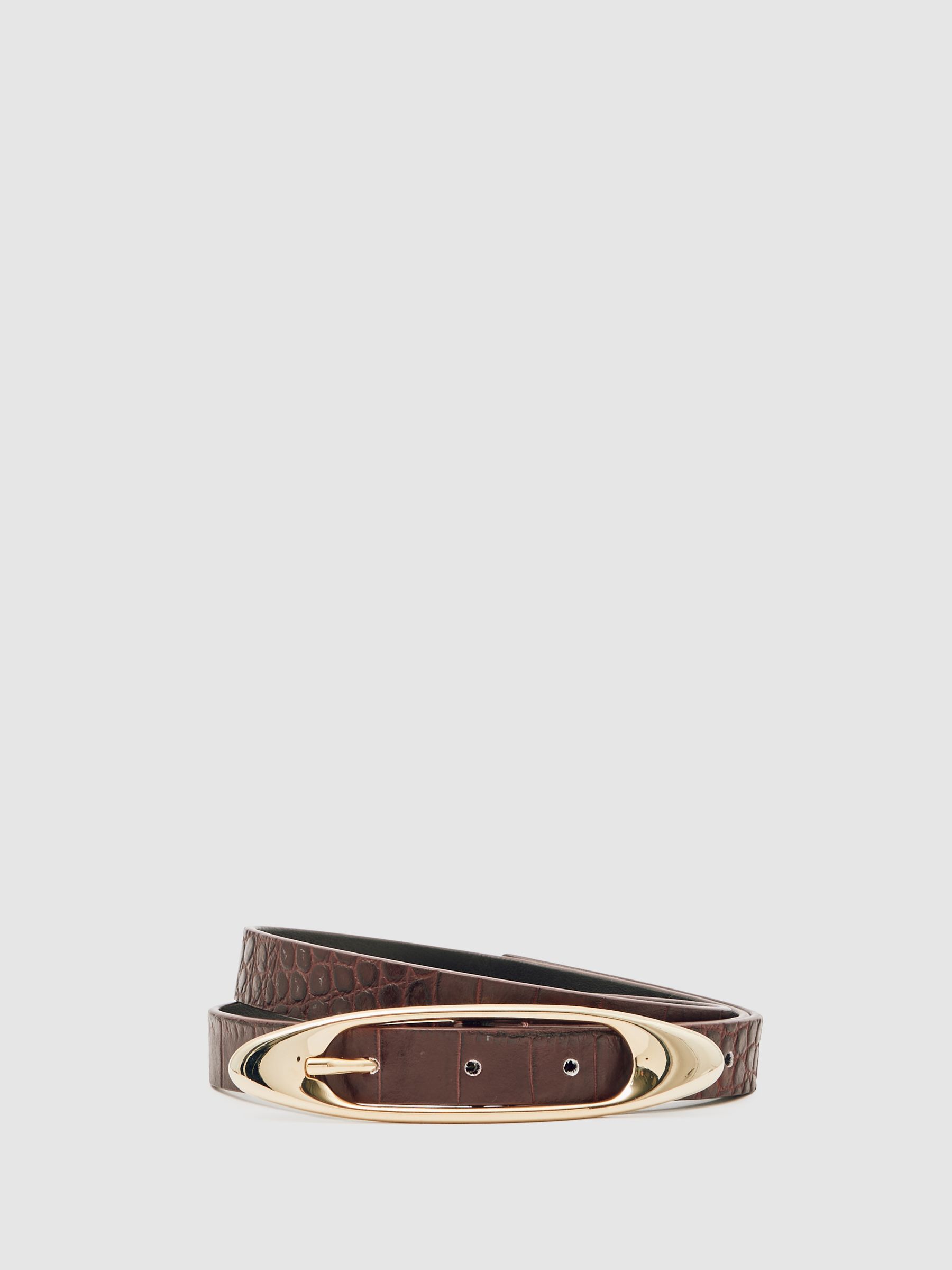 Croc-Effect Leather Oval-Buckle Belt in Burgundy