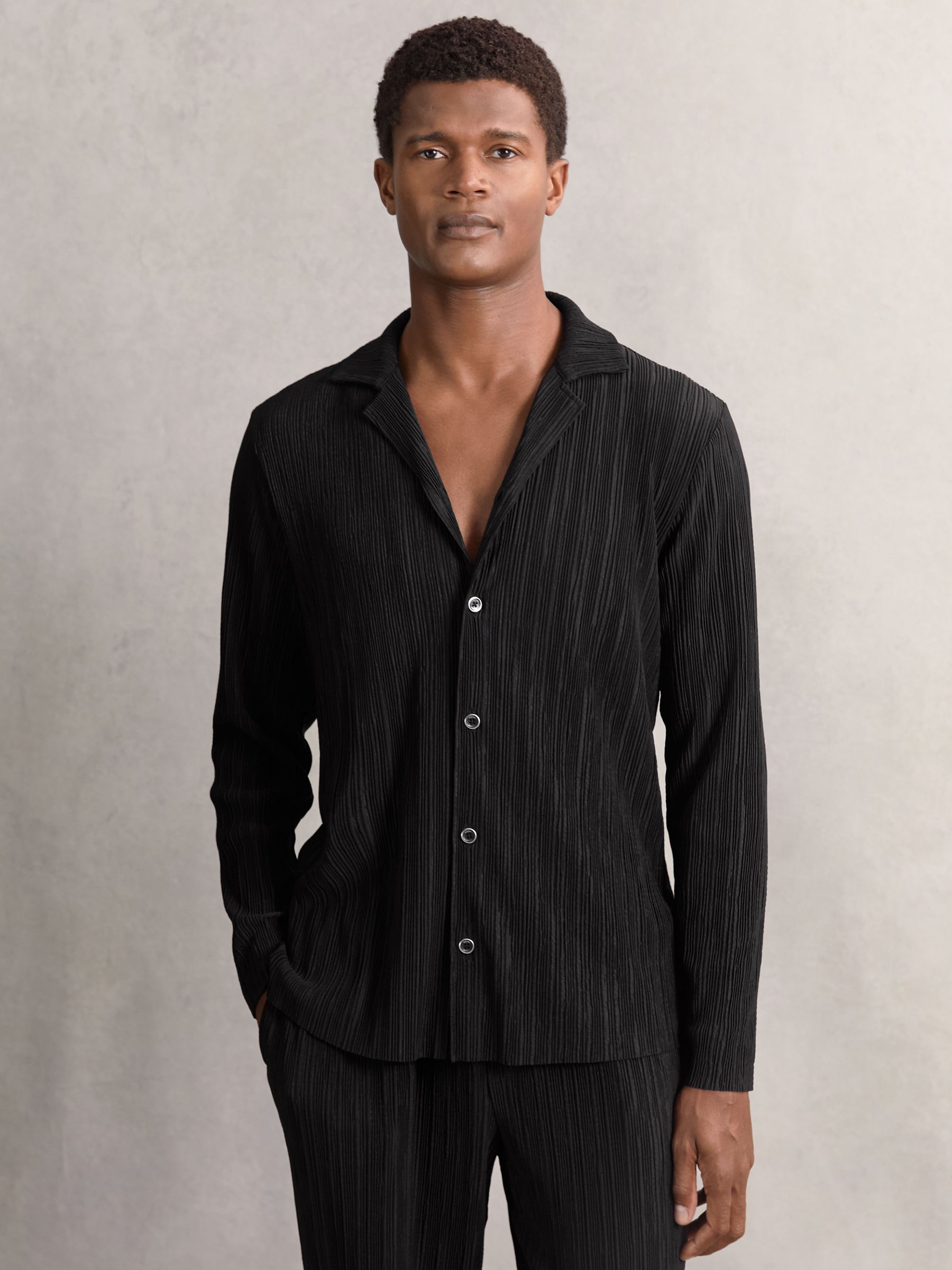 Plissé Cuban-Collar Long-Sleeve Shirt in Black