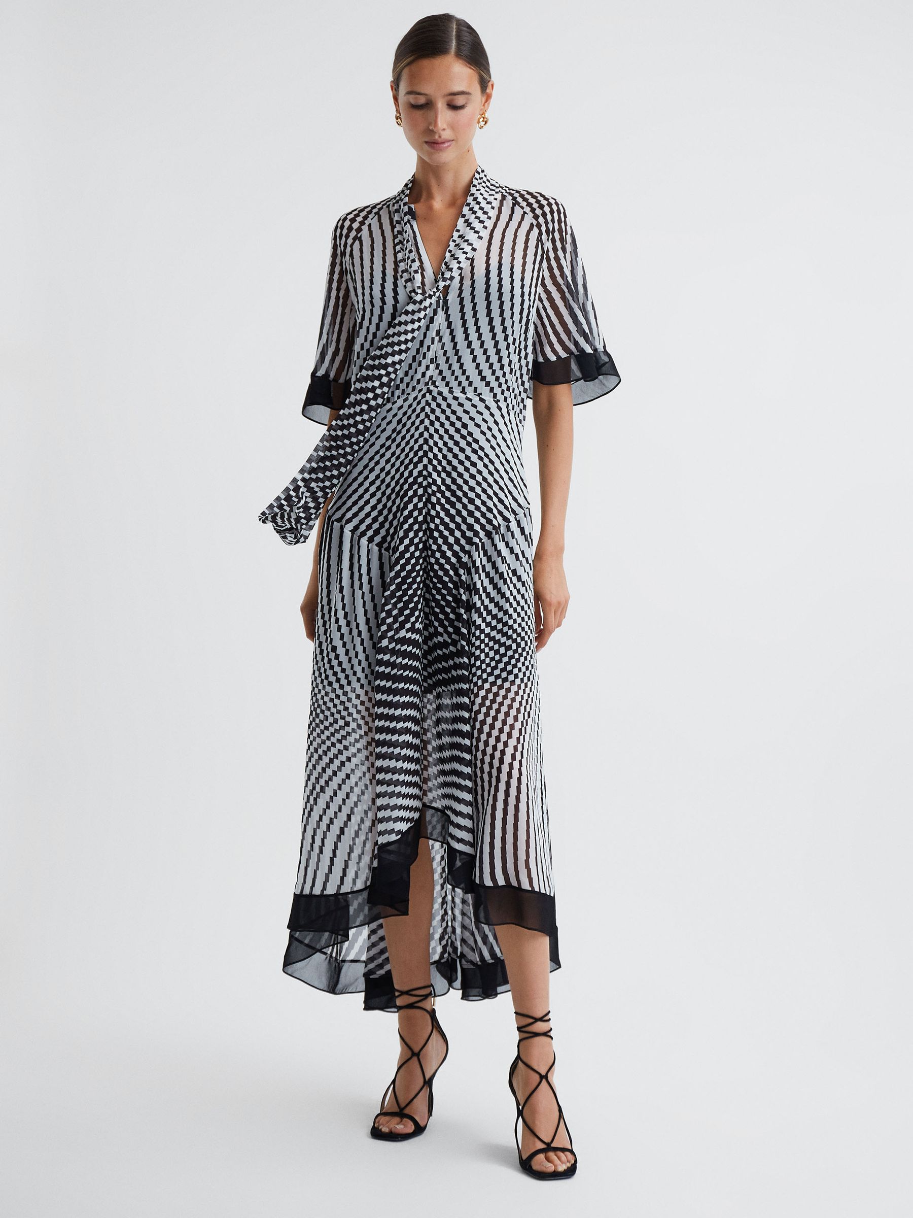 Check Removable Neck Tie Midi Dress in Black/White