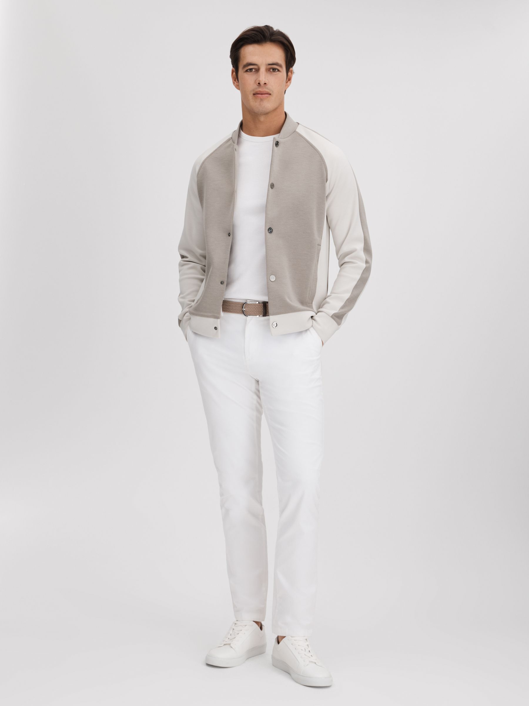 Colourblock Jersey Bomber Jacket in Taupe/White