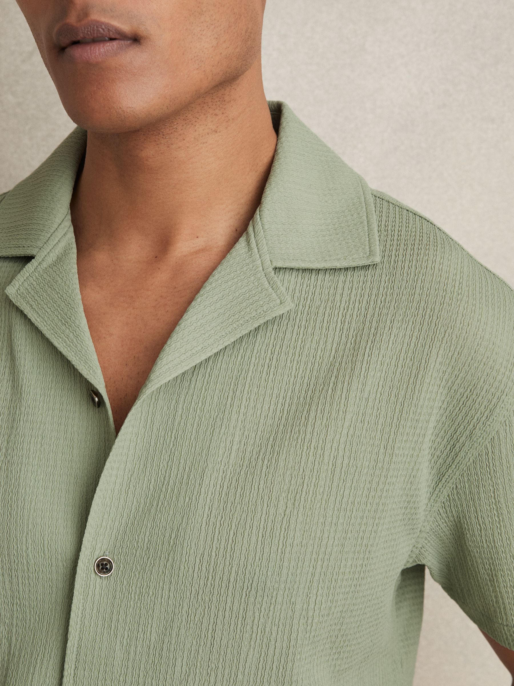Textured Crepe Cuban Collar Shirt in Sage Green