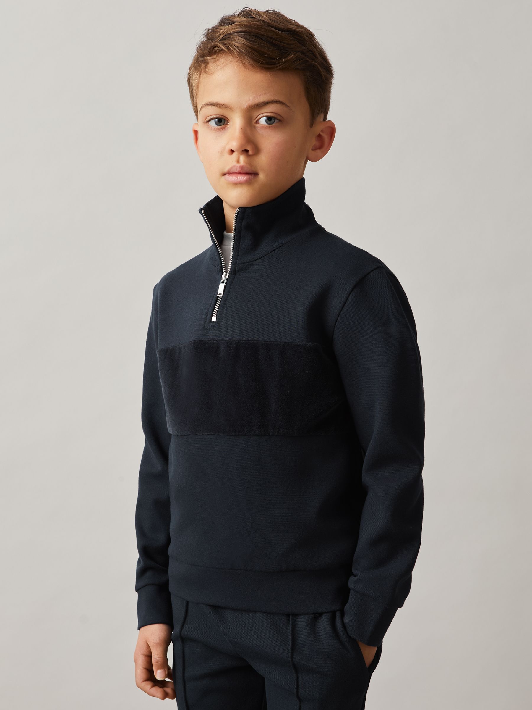 9-13 yrs Slim Fit Half-Zip Funnel Neck Velour Sweatshirt in Navy