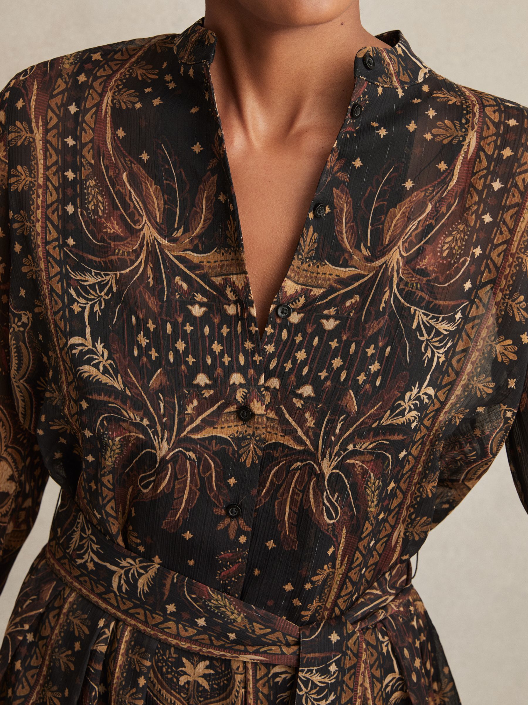 Botanical-Print Chiffon Mini Dress in Navy