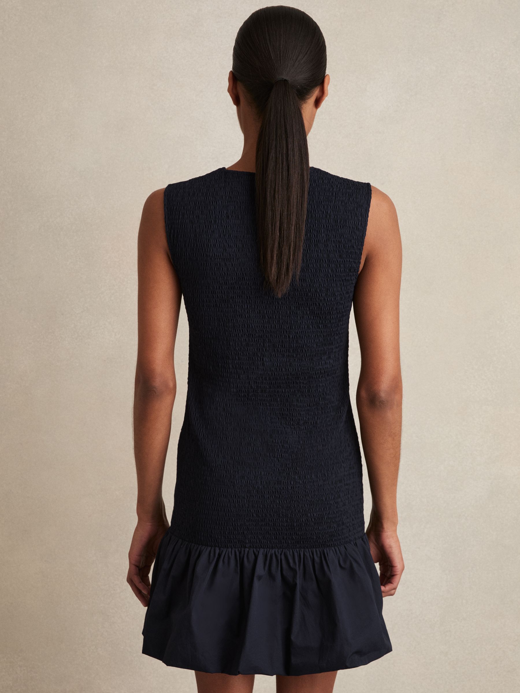 Cotton Shirred Bubble-Hem Mini Dress in Navy