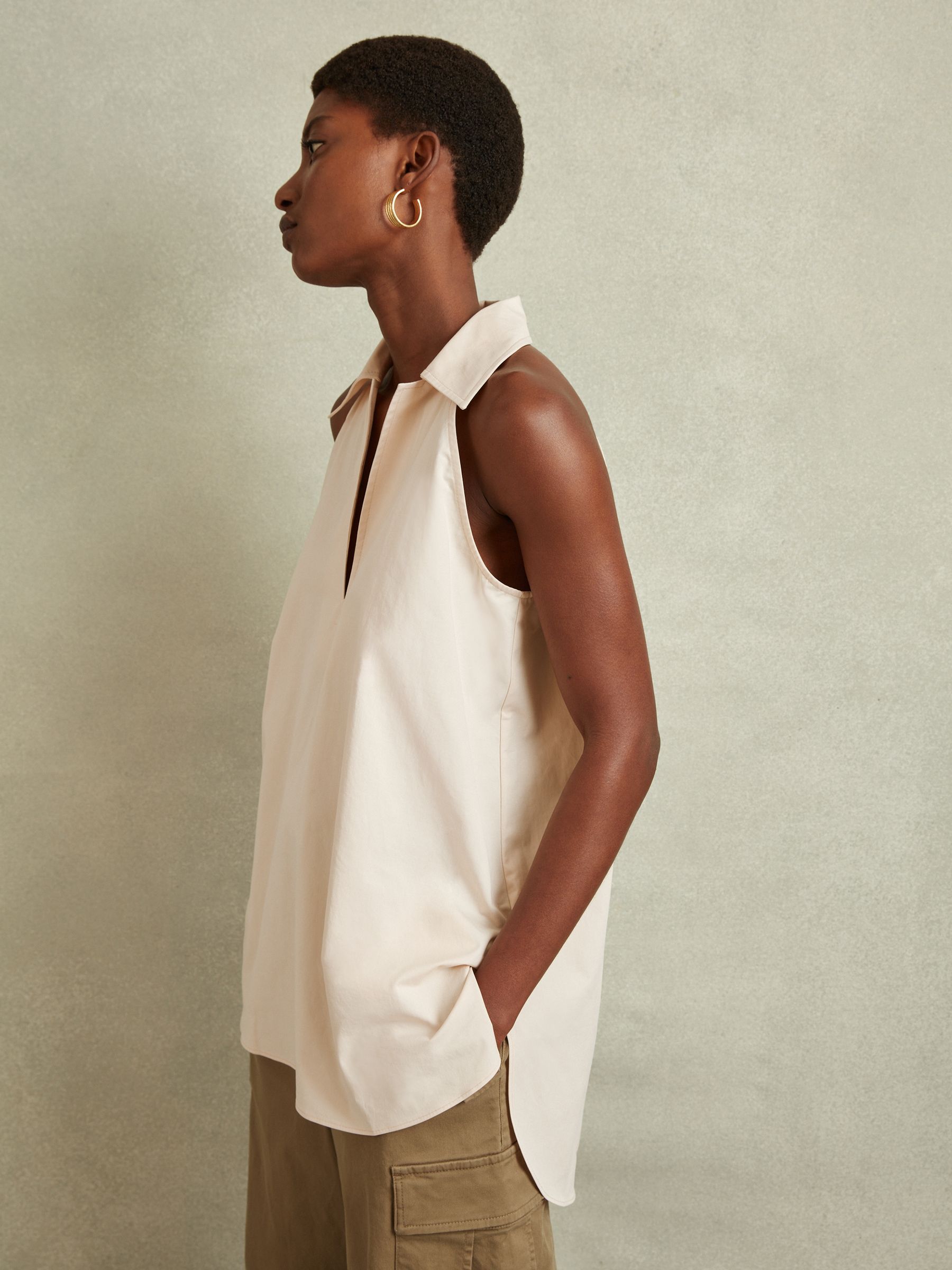 Open-Collar Cotton Blend Sleeveless Top in Neutral