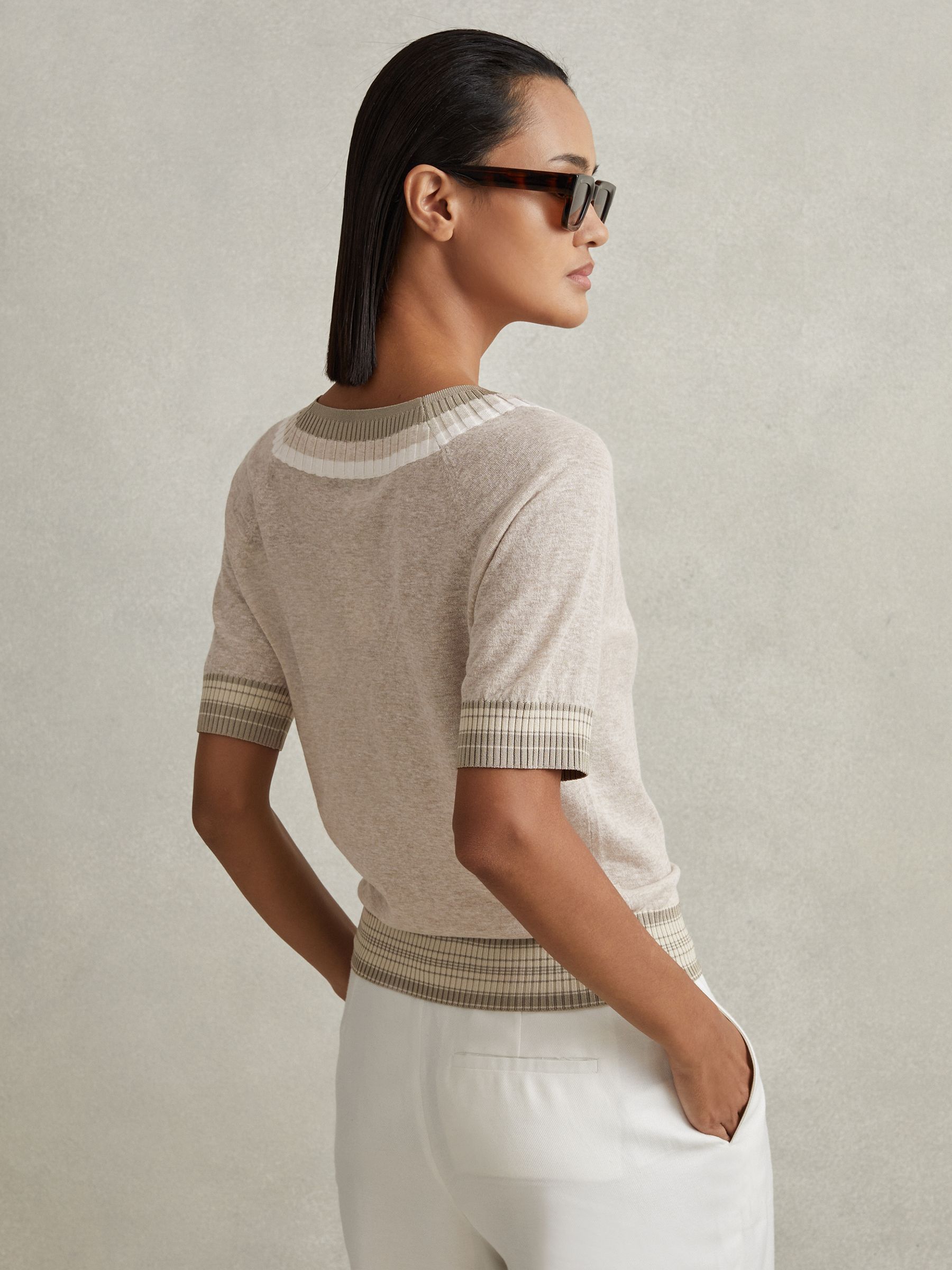 Cotton Blend Marled V-Neck Top in Neutral