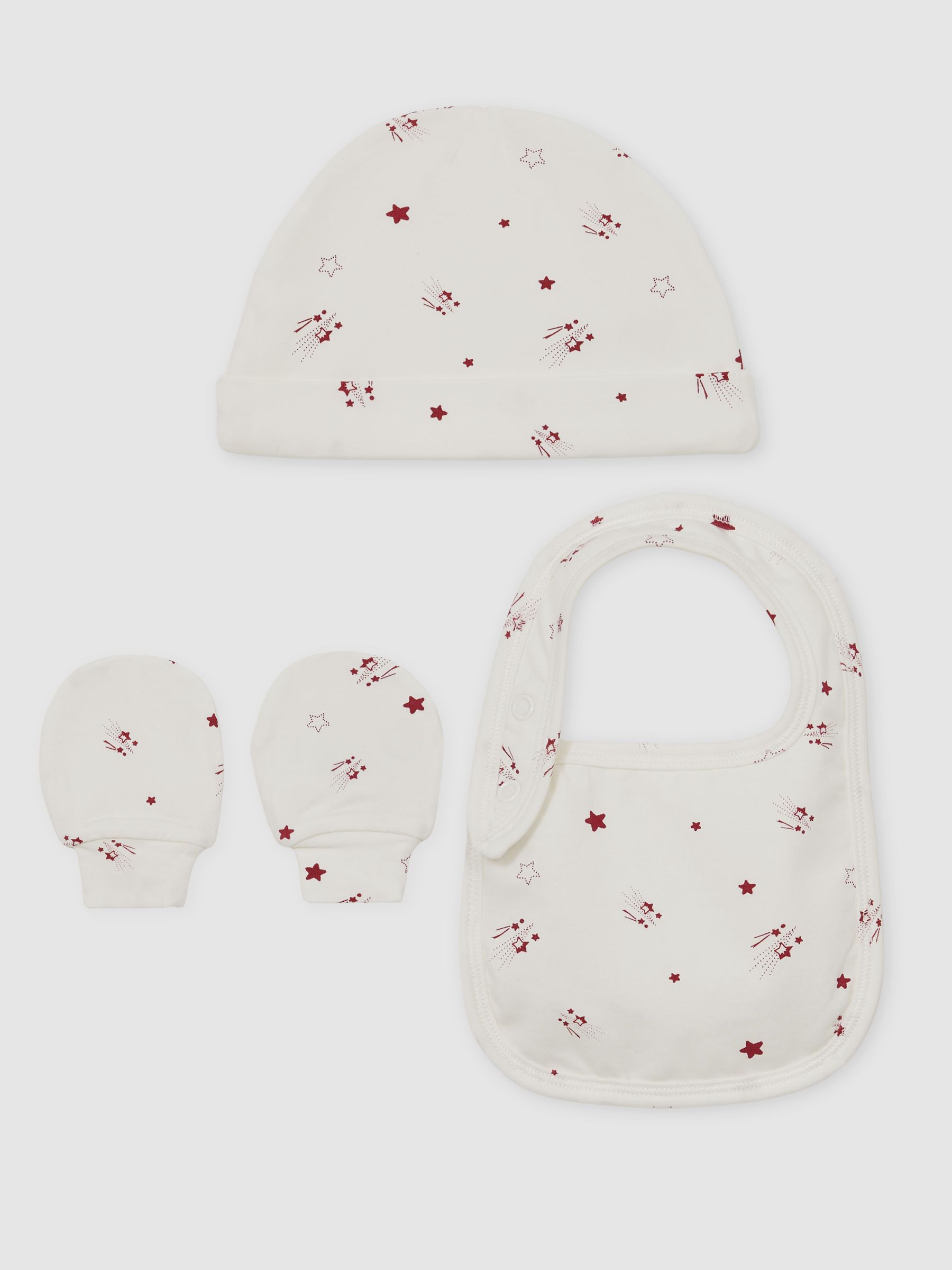 Hat, Bib And Mittens Set in Ivory Print