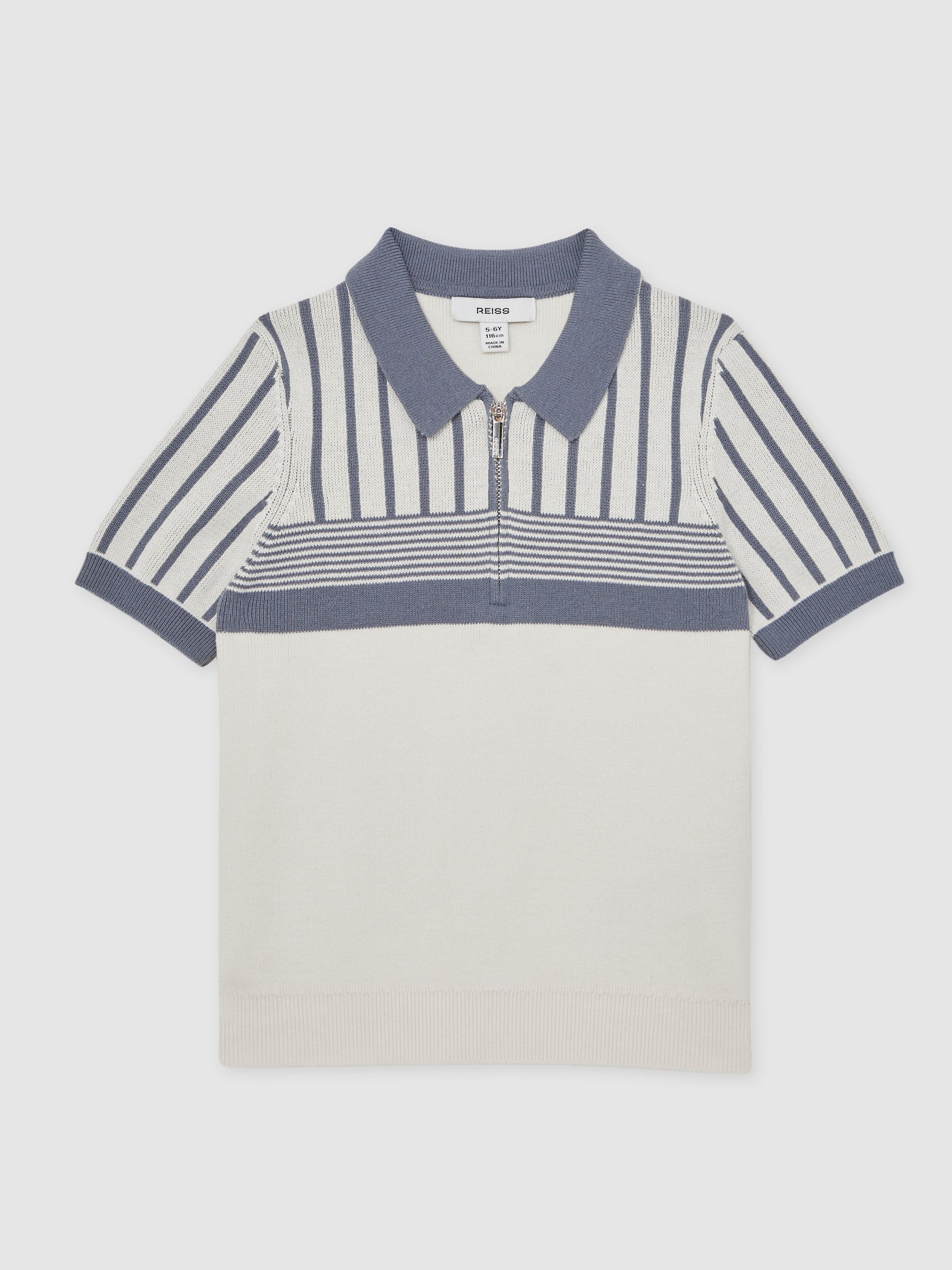 3-9 yrs Cotton Stripe Knit Half-Zip Polo Shirt in Off White/ Airforce Blue