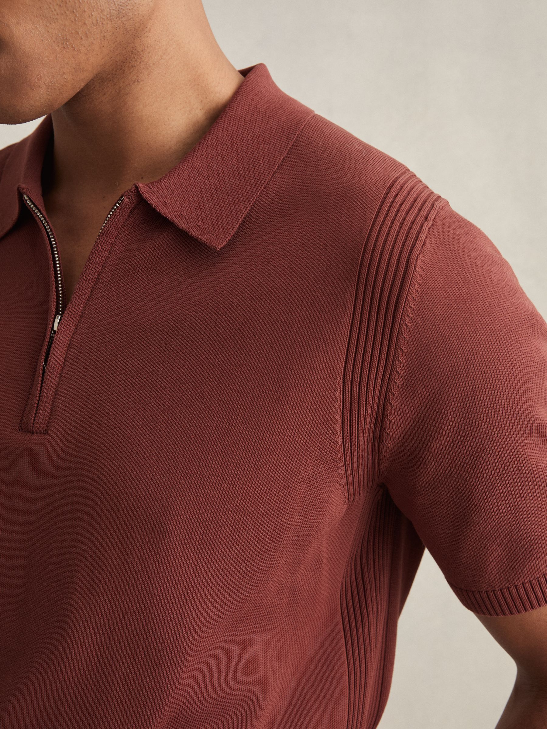 Cotton Half-Zip Knitted Polo Shirt in Rust