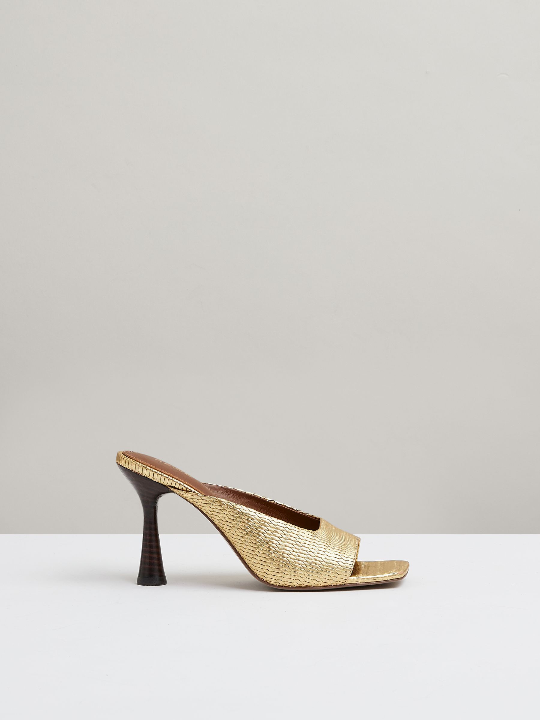 Leather Heeled Mules in Gold