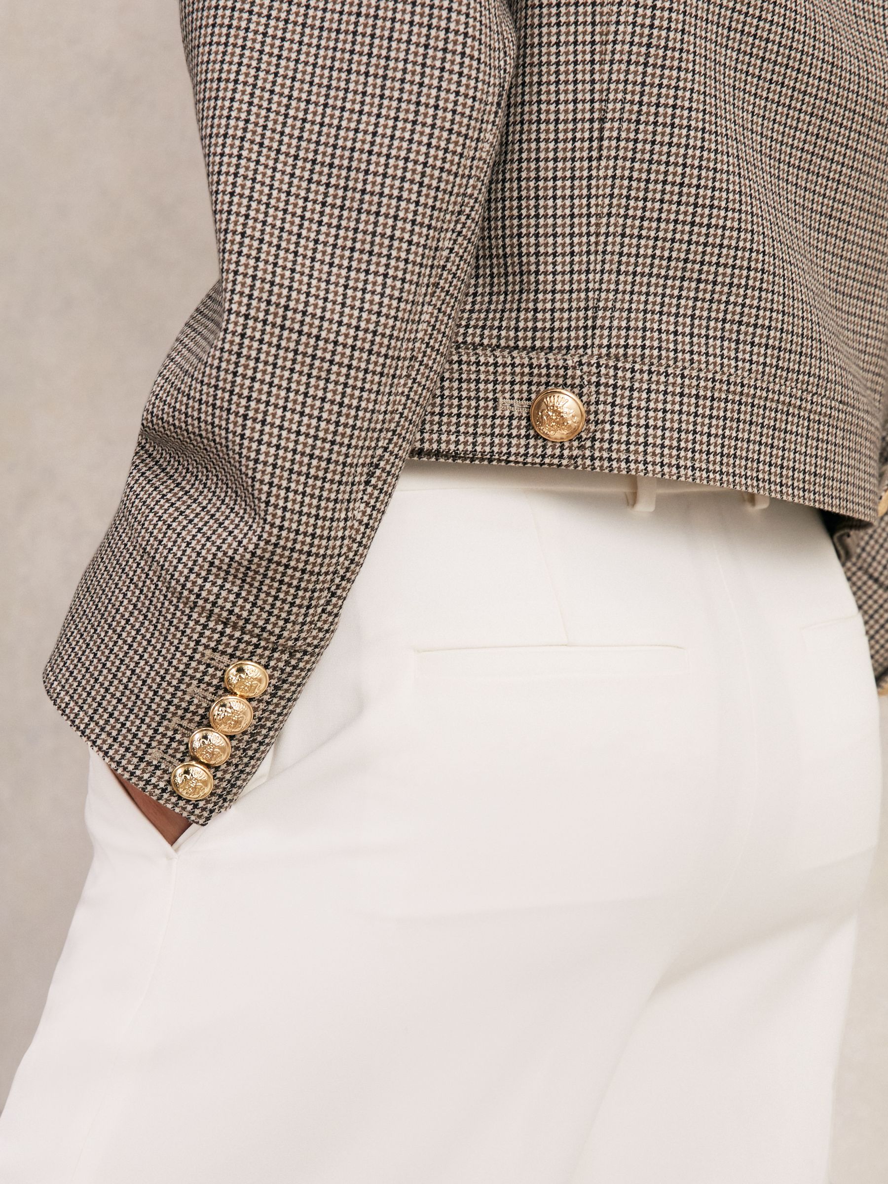 Wool Twin-Pocket Cropped Jacket in Neutral Check