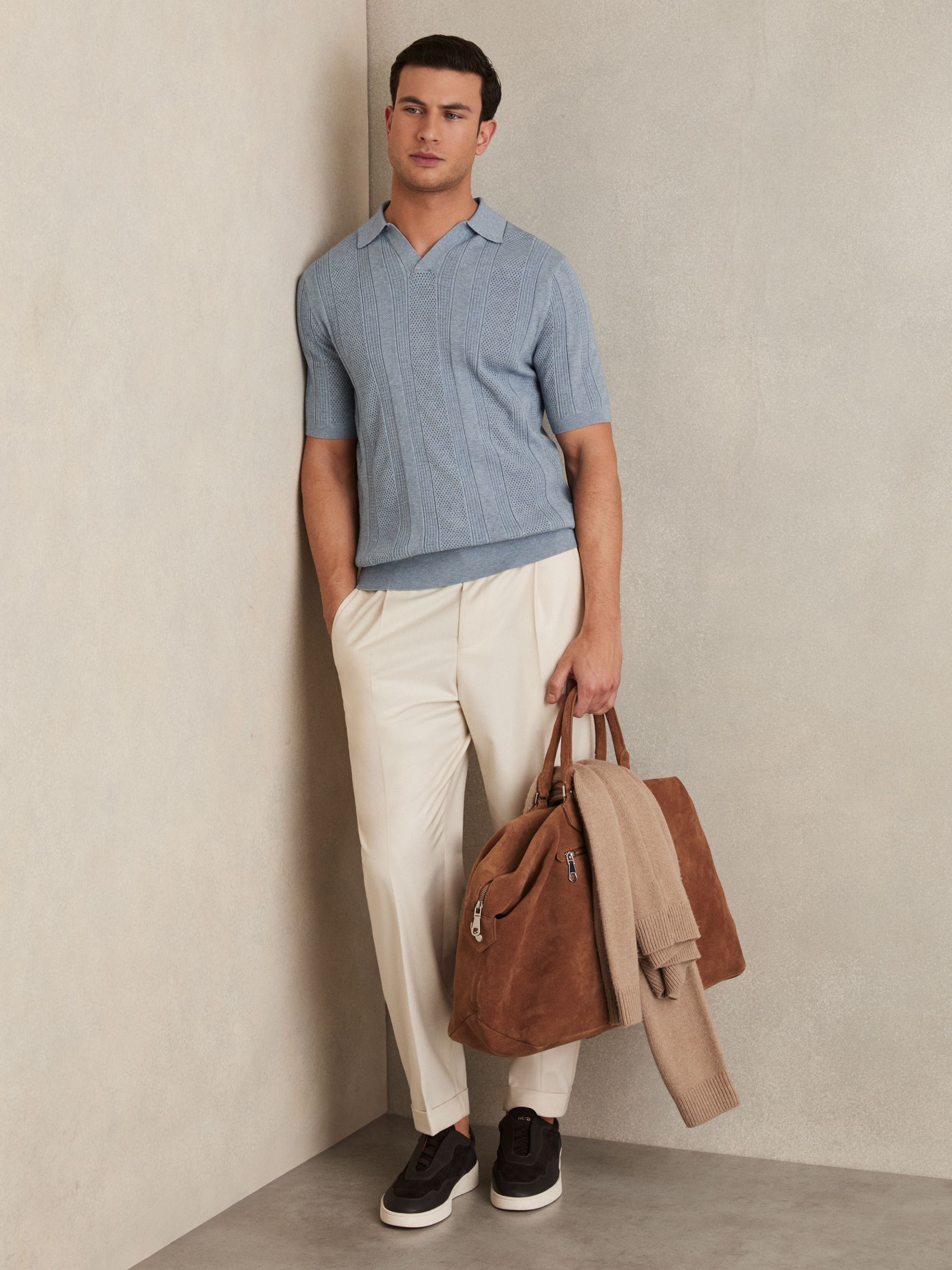 Textured-Stripe Knitted Polo Shirt in Airforce Blue