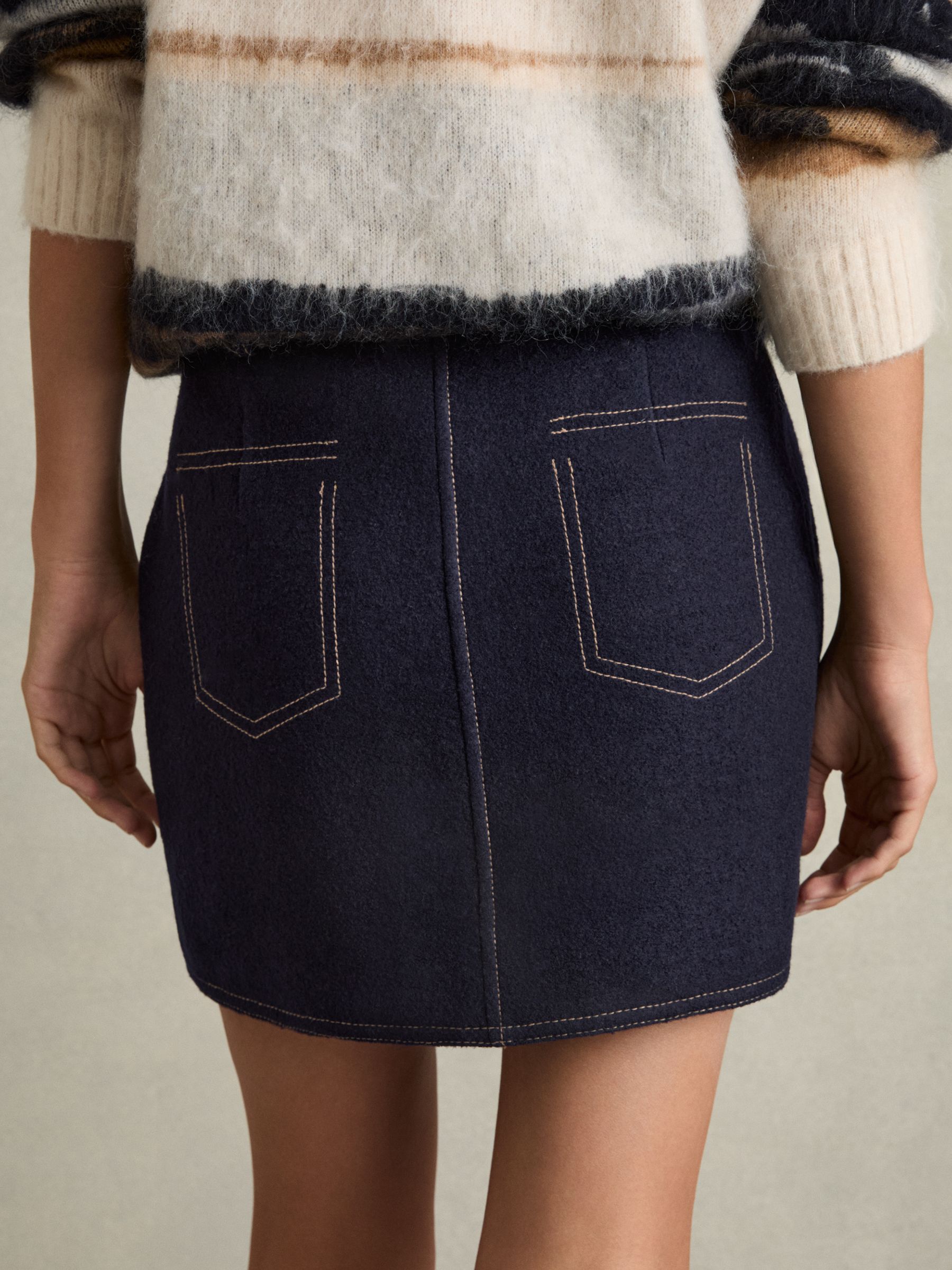Wool-Blend Topstitched Mini Skirt in Navy