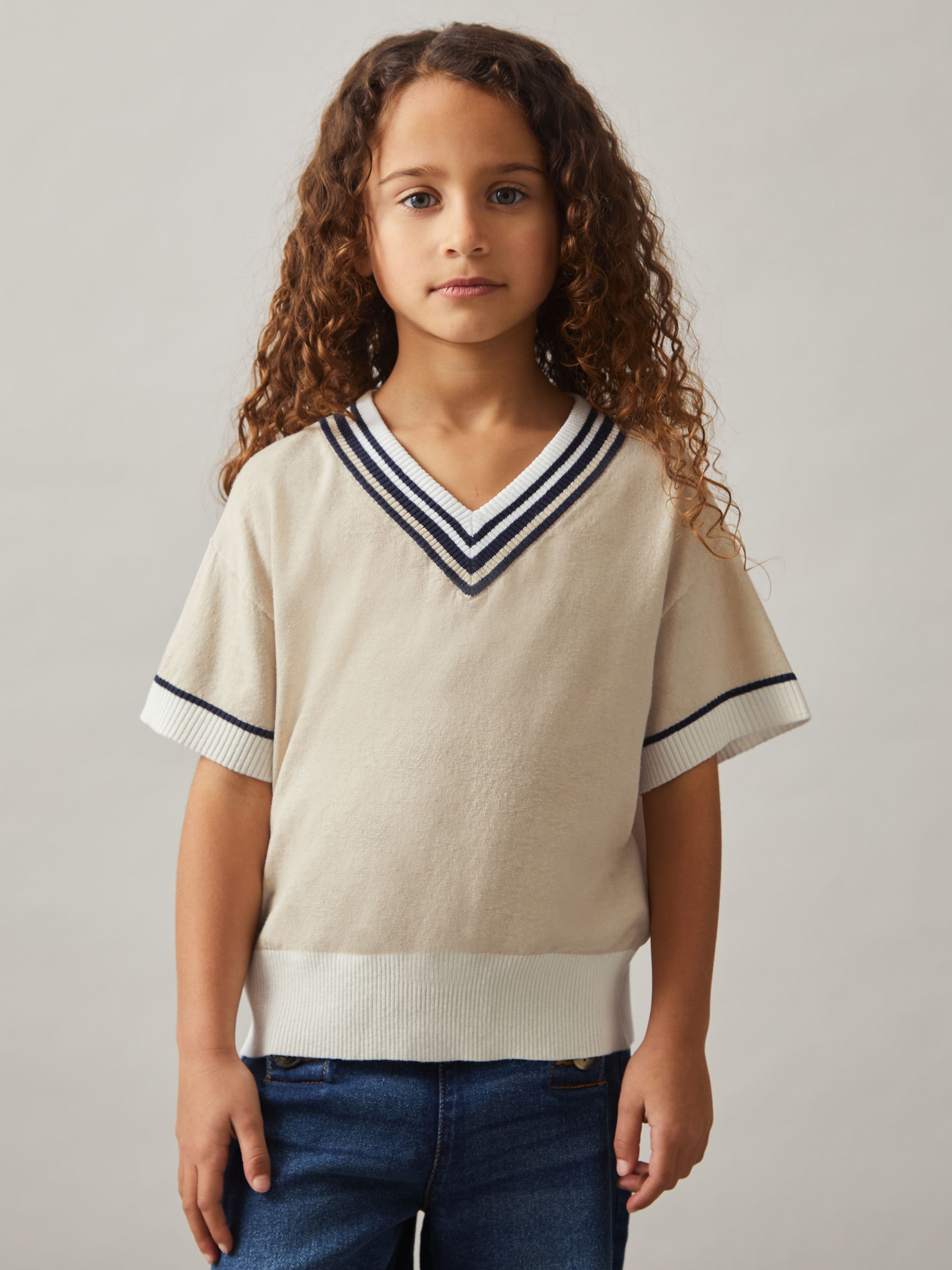 9-13 yrs Cotton-Linen Knit V-Neck Cricket Top in Neutral