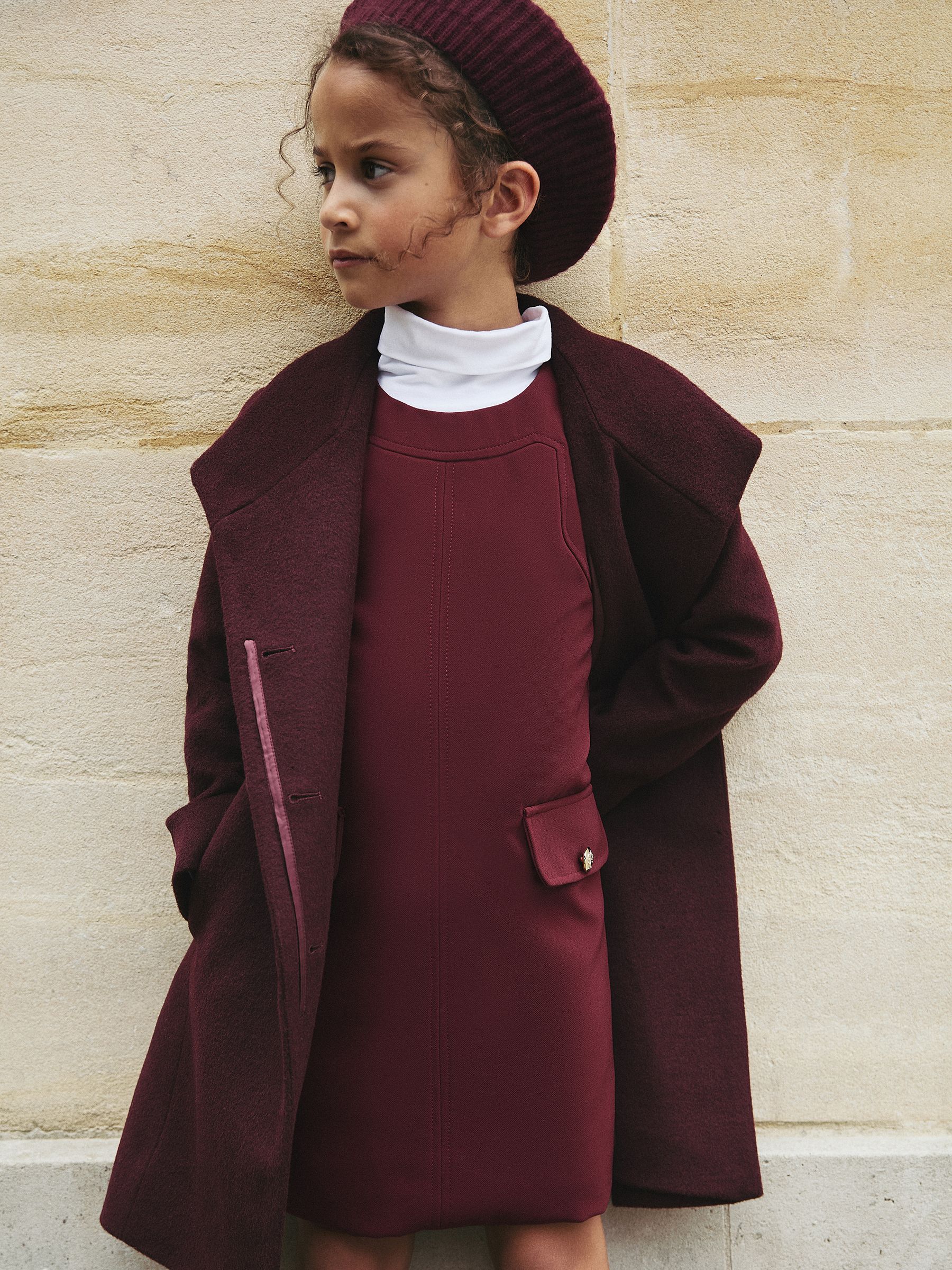 Wool-Blend Funnel-Neck Coat in Burgundy