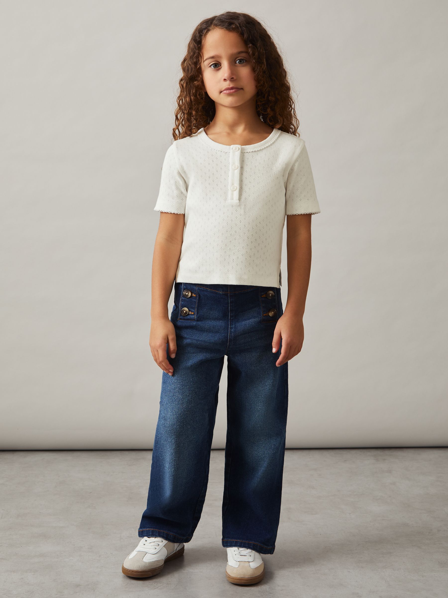 9-13 yrs Cotton Pointelle Button T-Shirt in Ivory