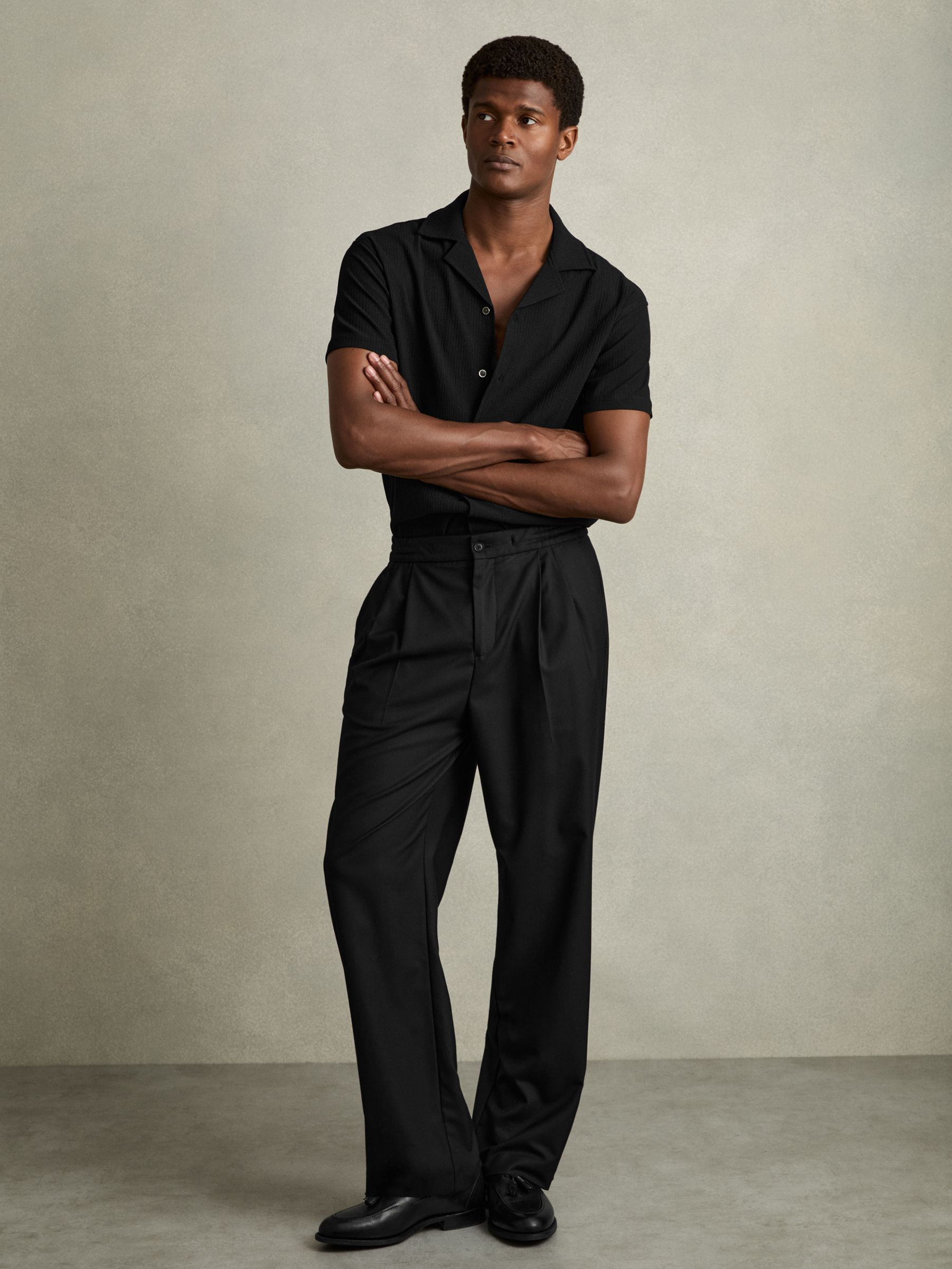 Textured Crepe Cuban Collar Shirt in Black