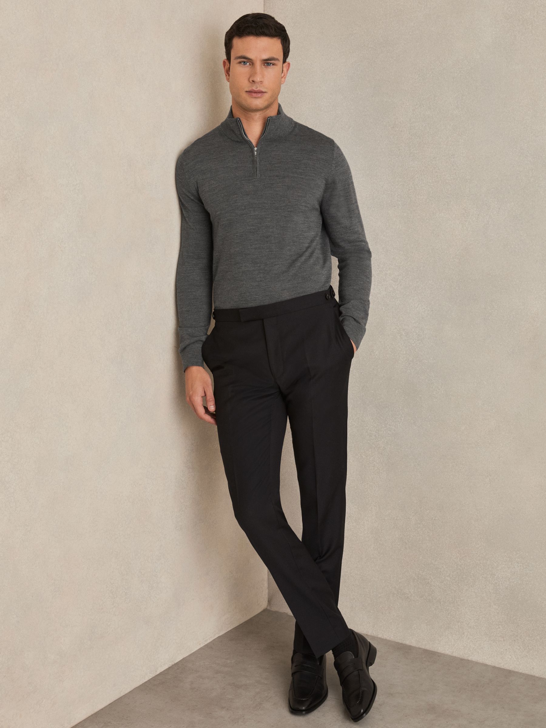 Merino Wool Half-Zip Funnel Neck Jumper in Derby Grey Marl
