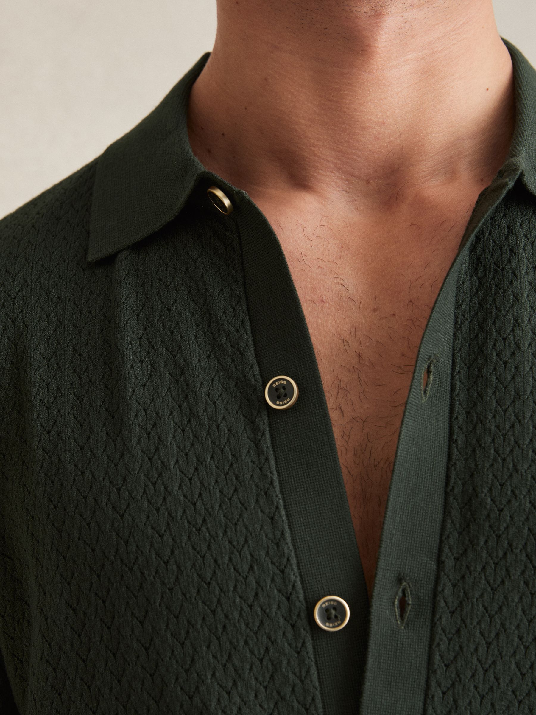 Textured Knit Button-Through Shirt in Dark Green