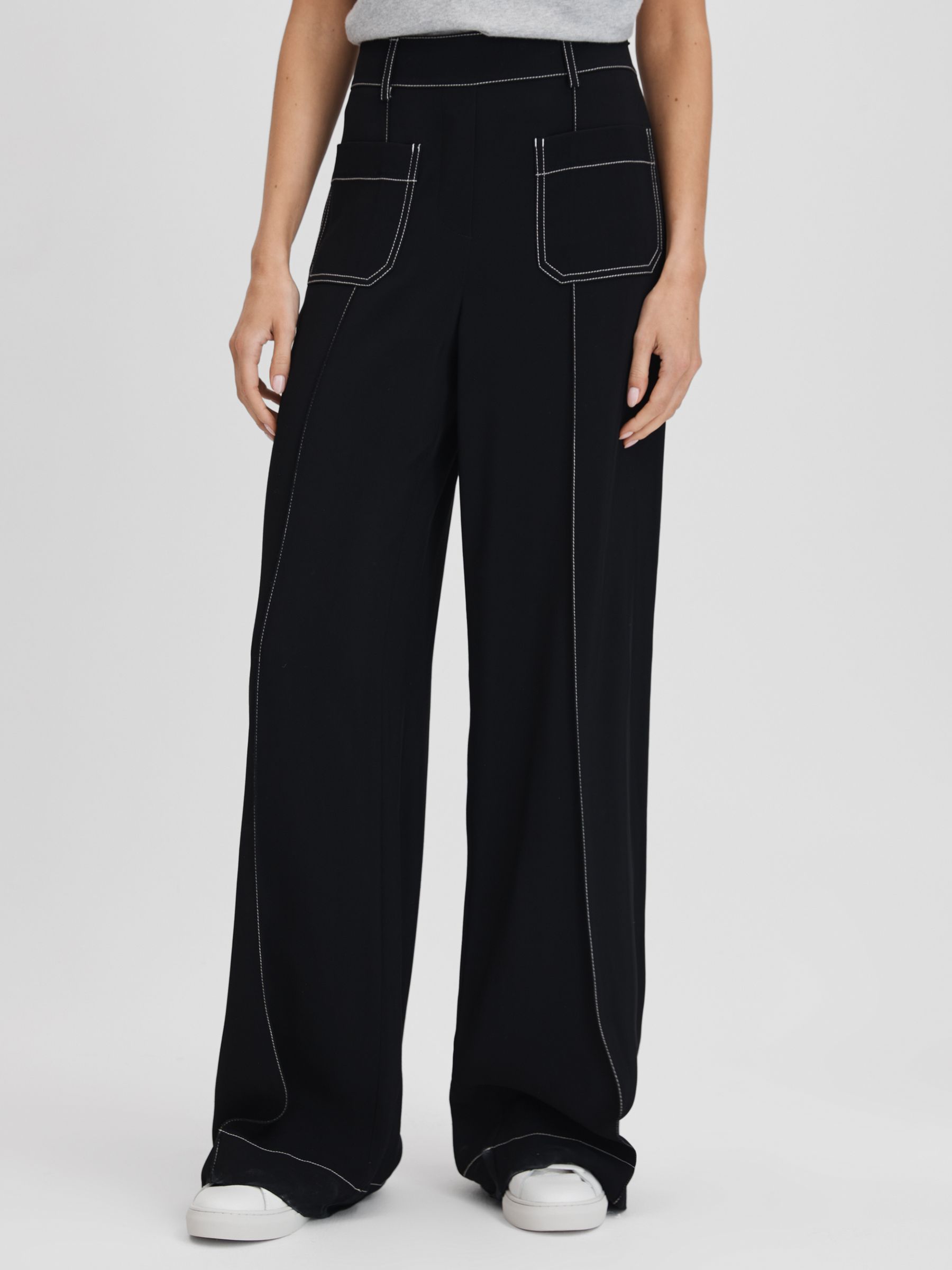 Petite Contrast Stitch Wide Leg Trousers in Black