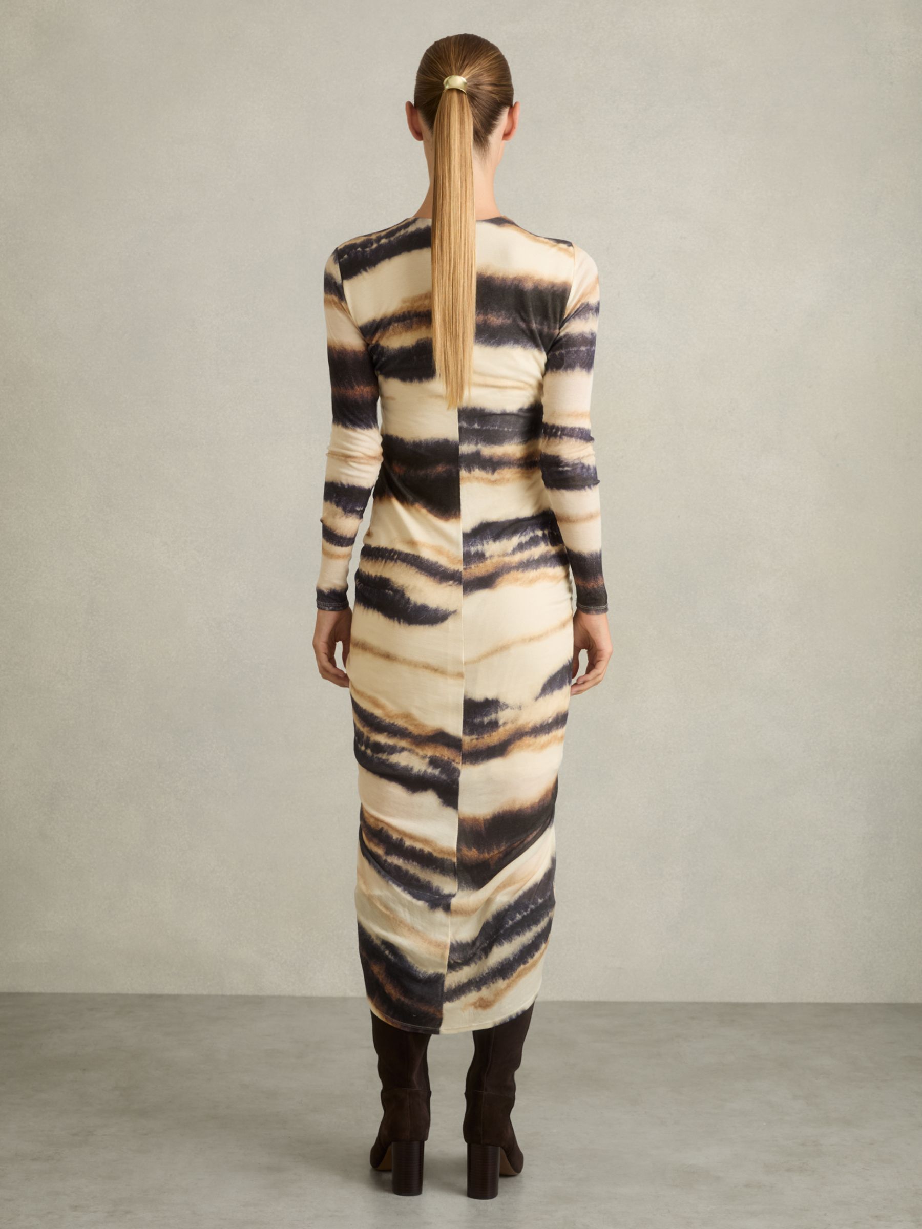 Jersey Ruched Printed Dress With Wool in Neutral/Navy