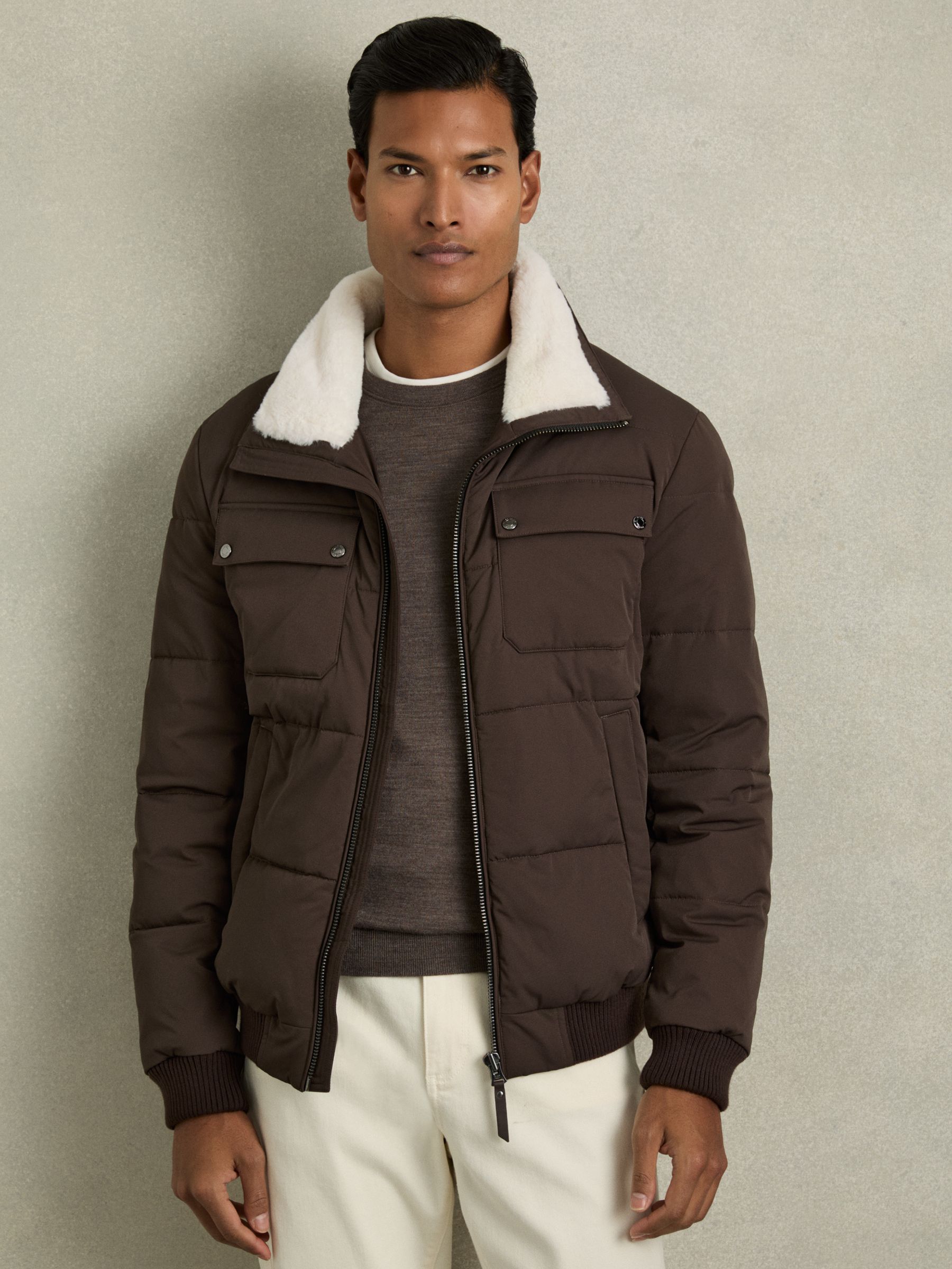 Faux-Fur Collar Puffer Jacket in Brown