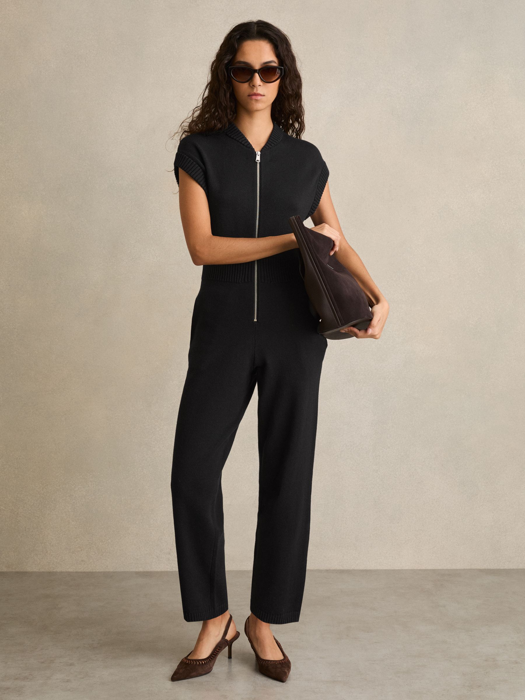 Cotton Knit Zip-Front Jumpsuit in Black