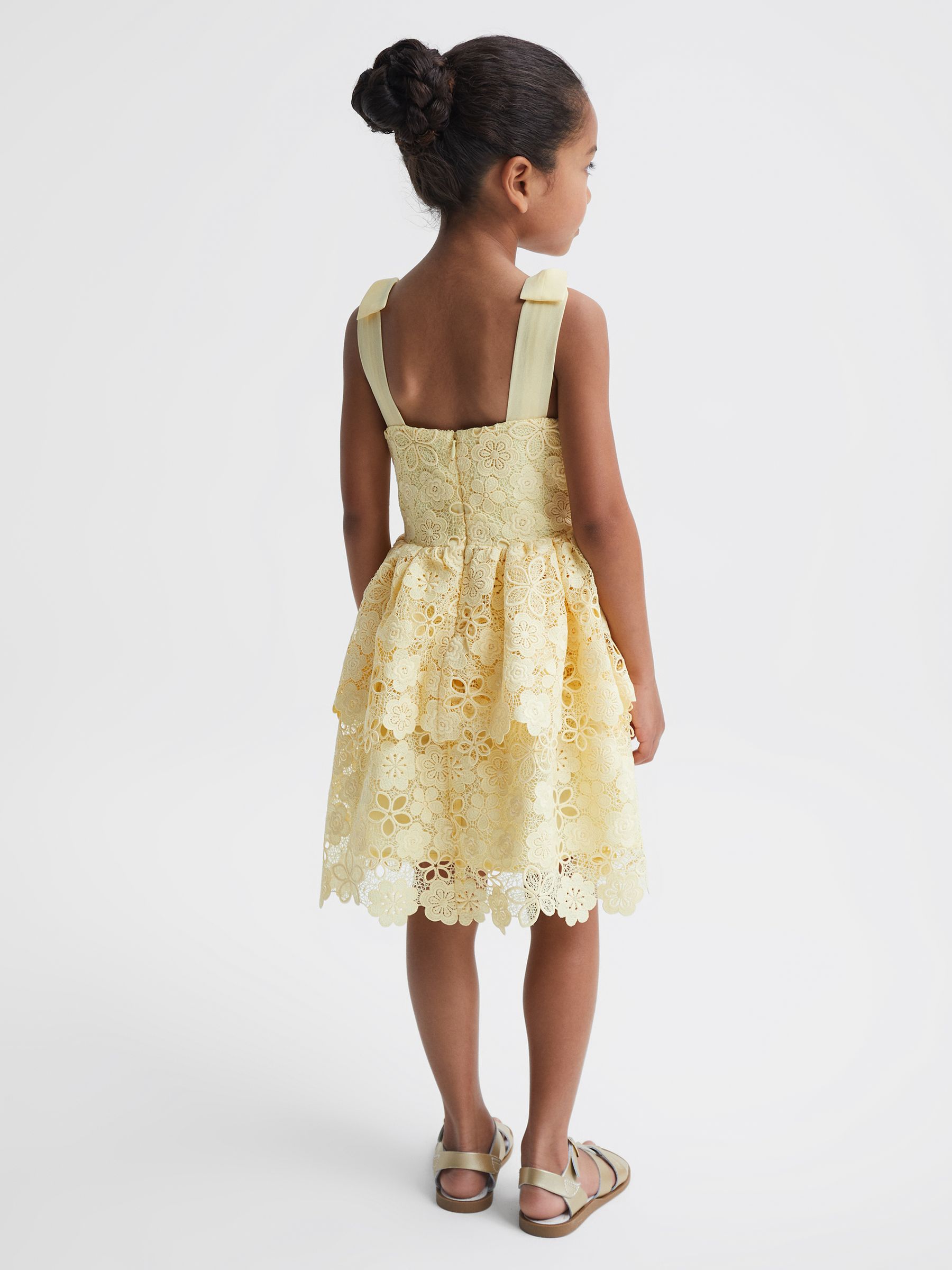 9-12 yrs Bow Strap Lace Dress in Lemon