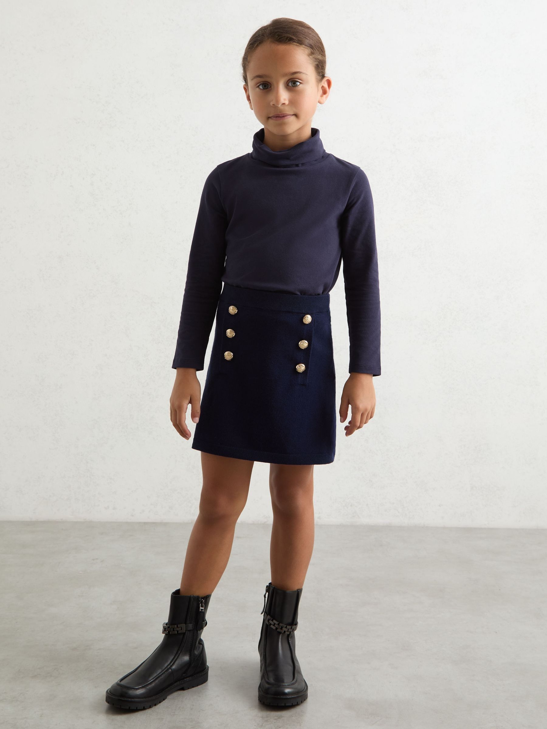 9-13 yrs Cotton-Jersey Roll-Neck Top with Stretch in Navy