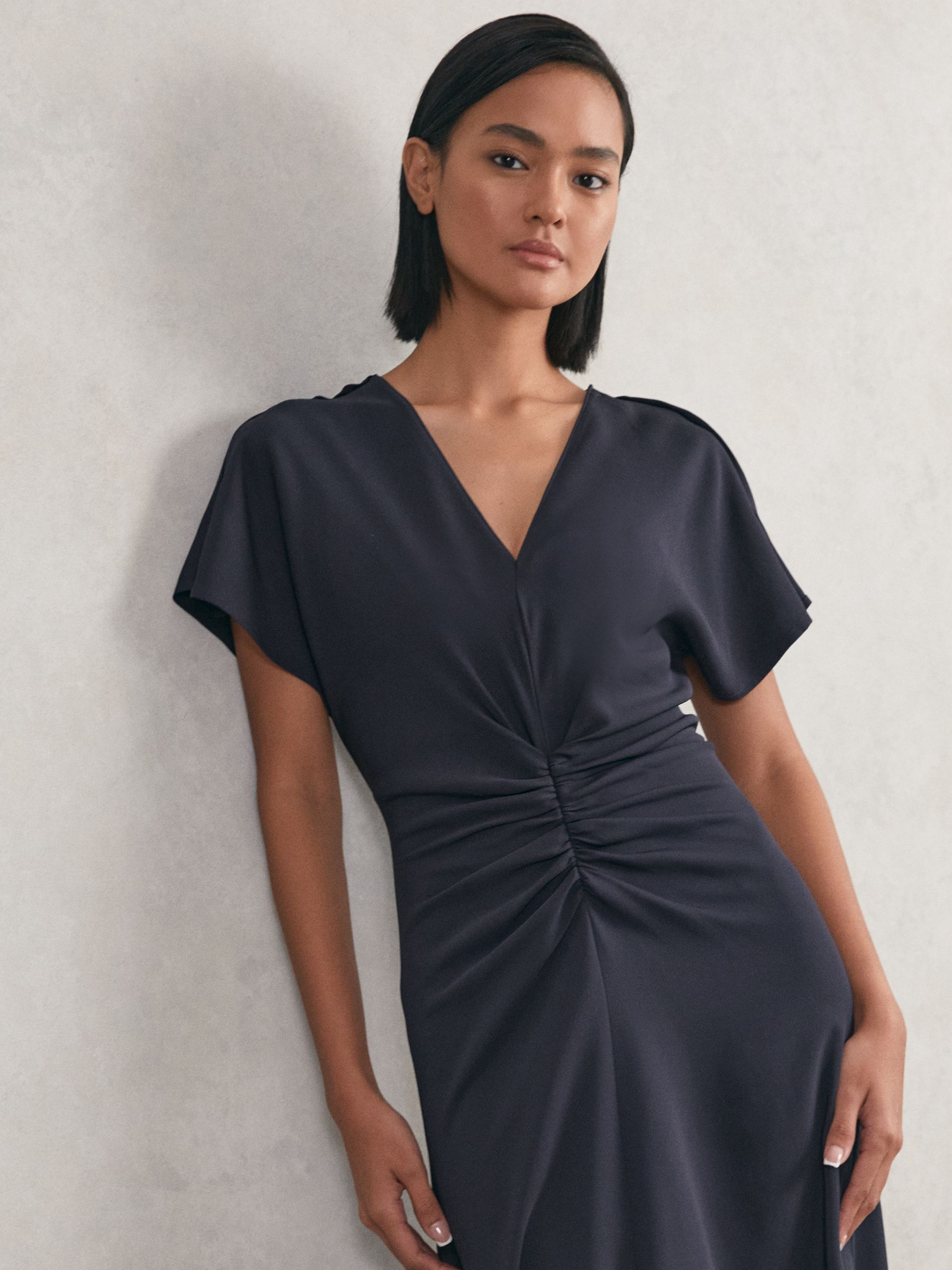 Petite Ruched-Front Midi Dress in Navy