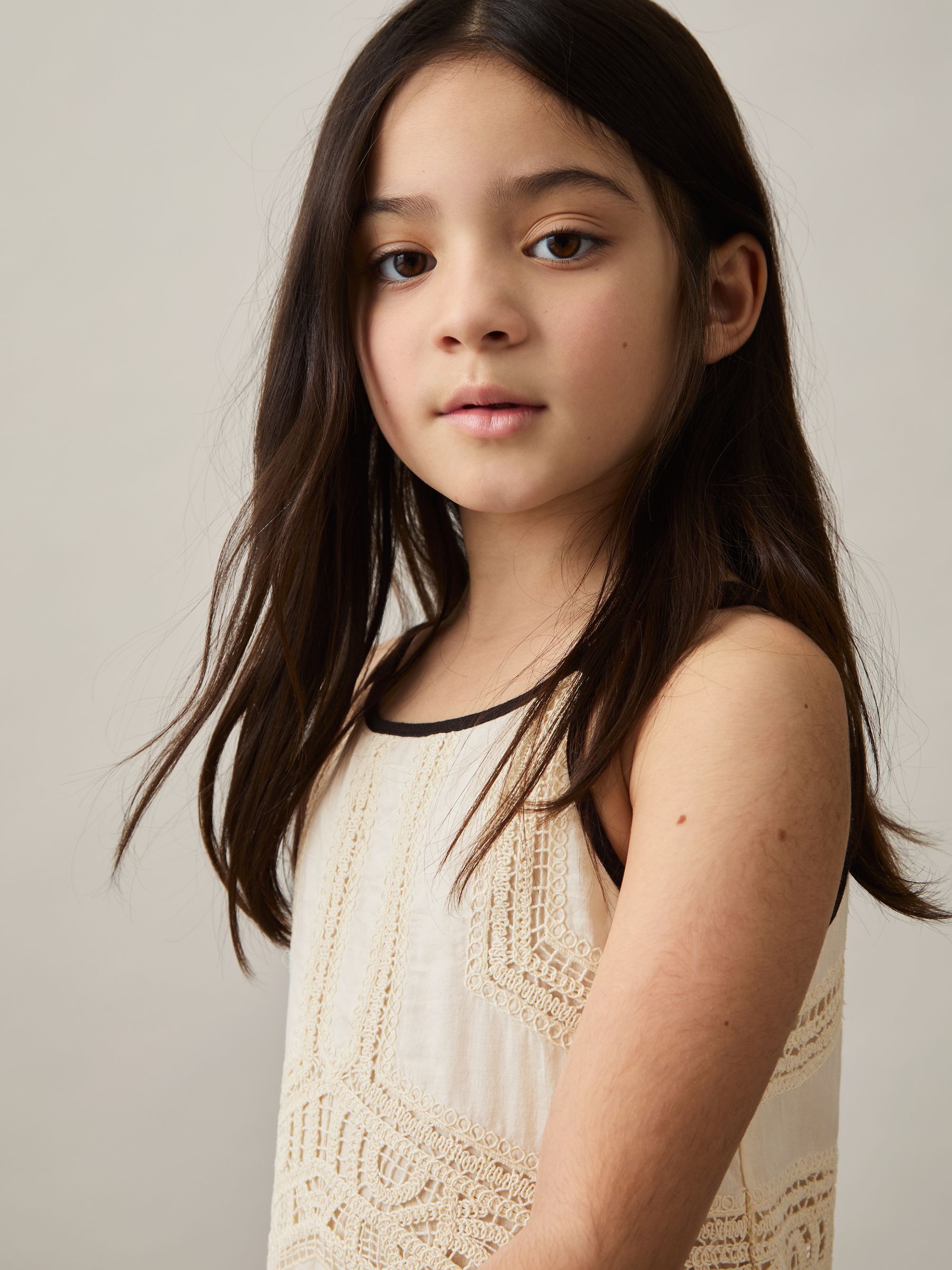 9-13 yrs Cotton Contrast-Trim Lace Dress in Ivory