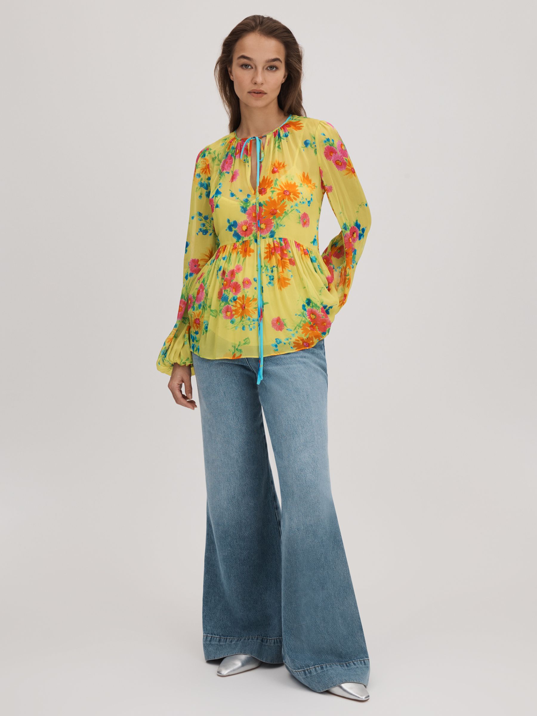 Florere Printed Tie Neck Blouse in Lime