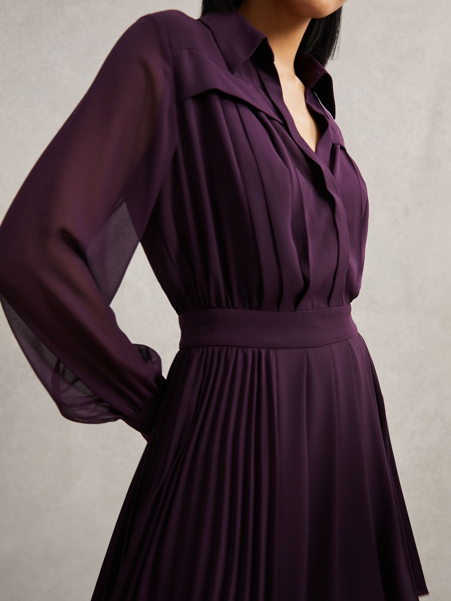 Pleated Sheer-Sleeve Mini Dress in Burgundy