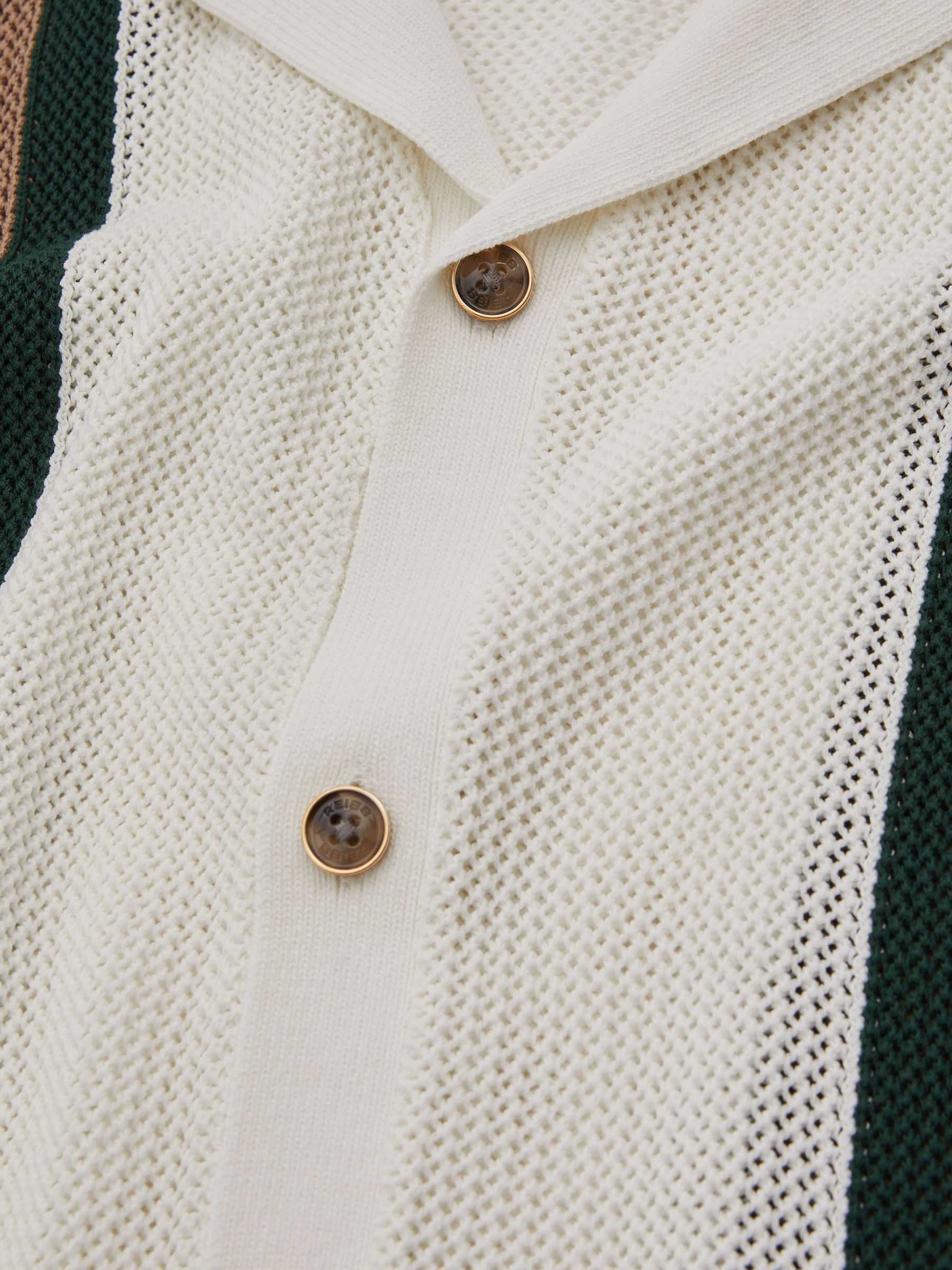 Reiss | Ché Knitted Contrast Stripe Cuban Collar Shirt in White/Dark Green