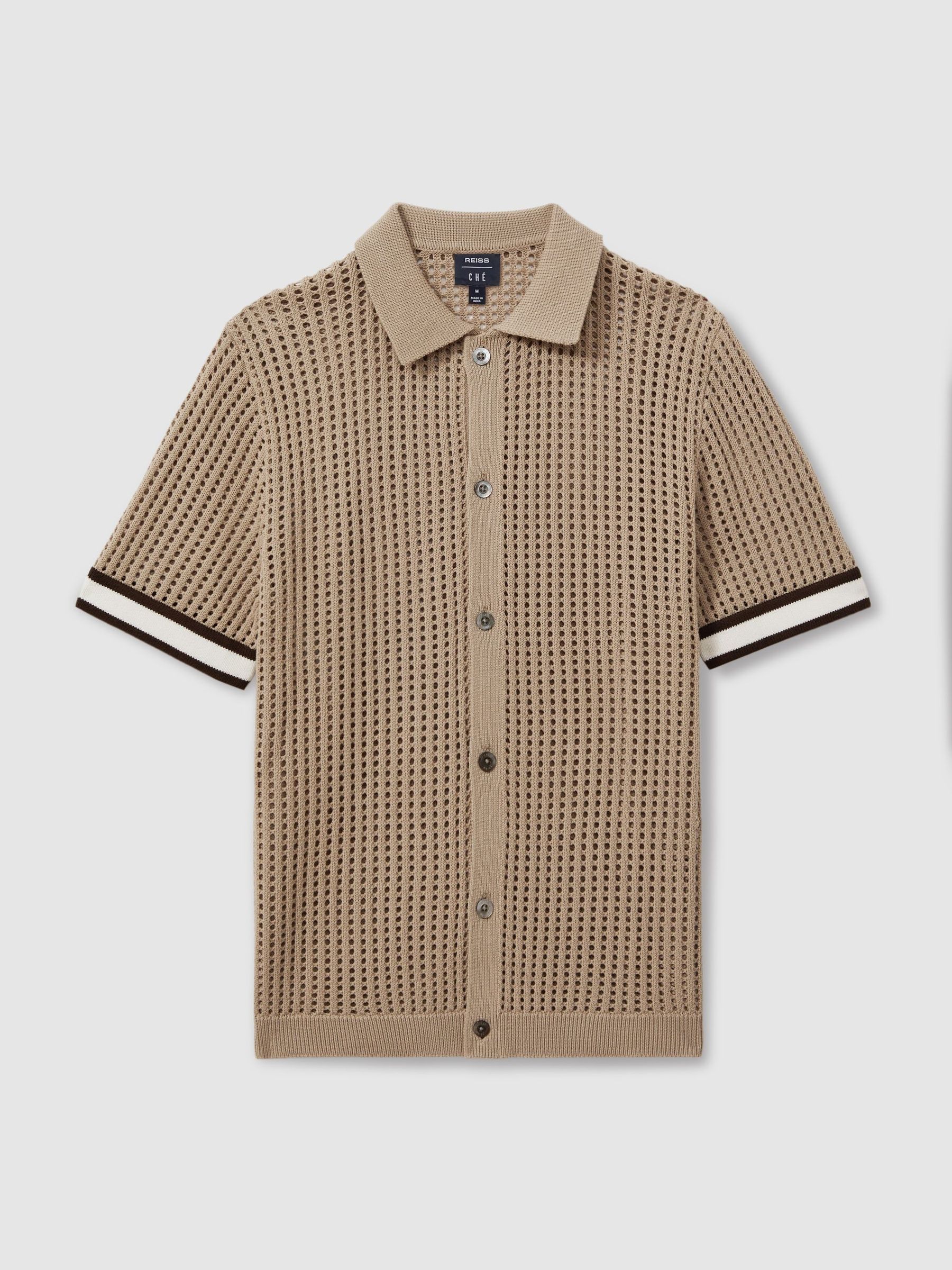 Reiss | Ché Open-Stitch Cuban Collar Shirt in Camel
