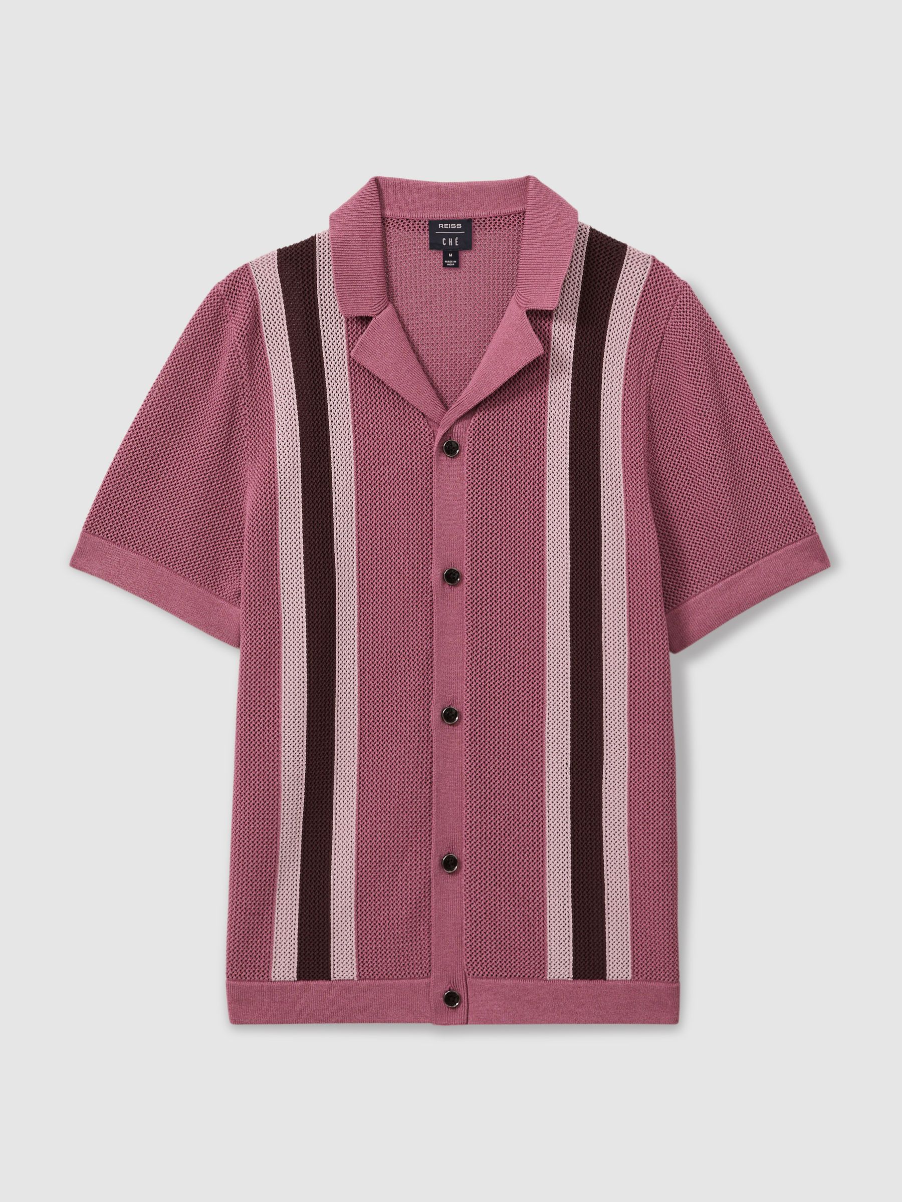 Reiss | Ché Knitted Contrast Stripe Cuban Collar Shirt in Pink Multi