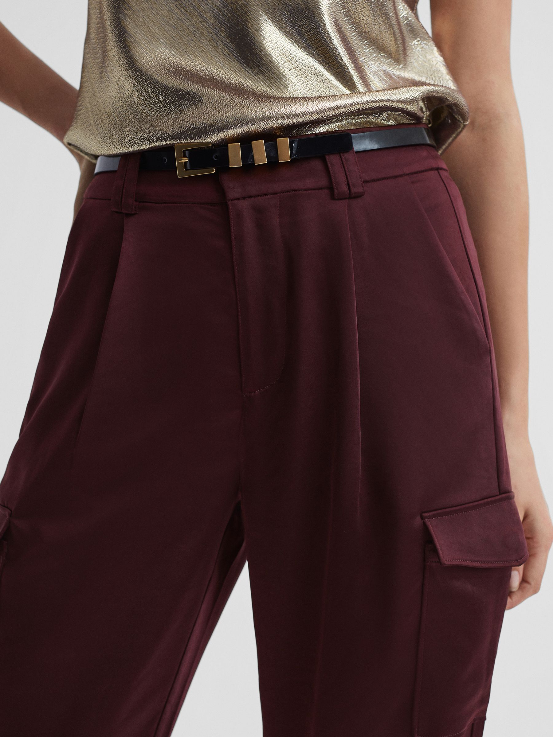 Paige Satin Cargo Trousers in Dusty Cherrywood