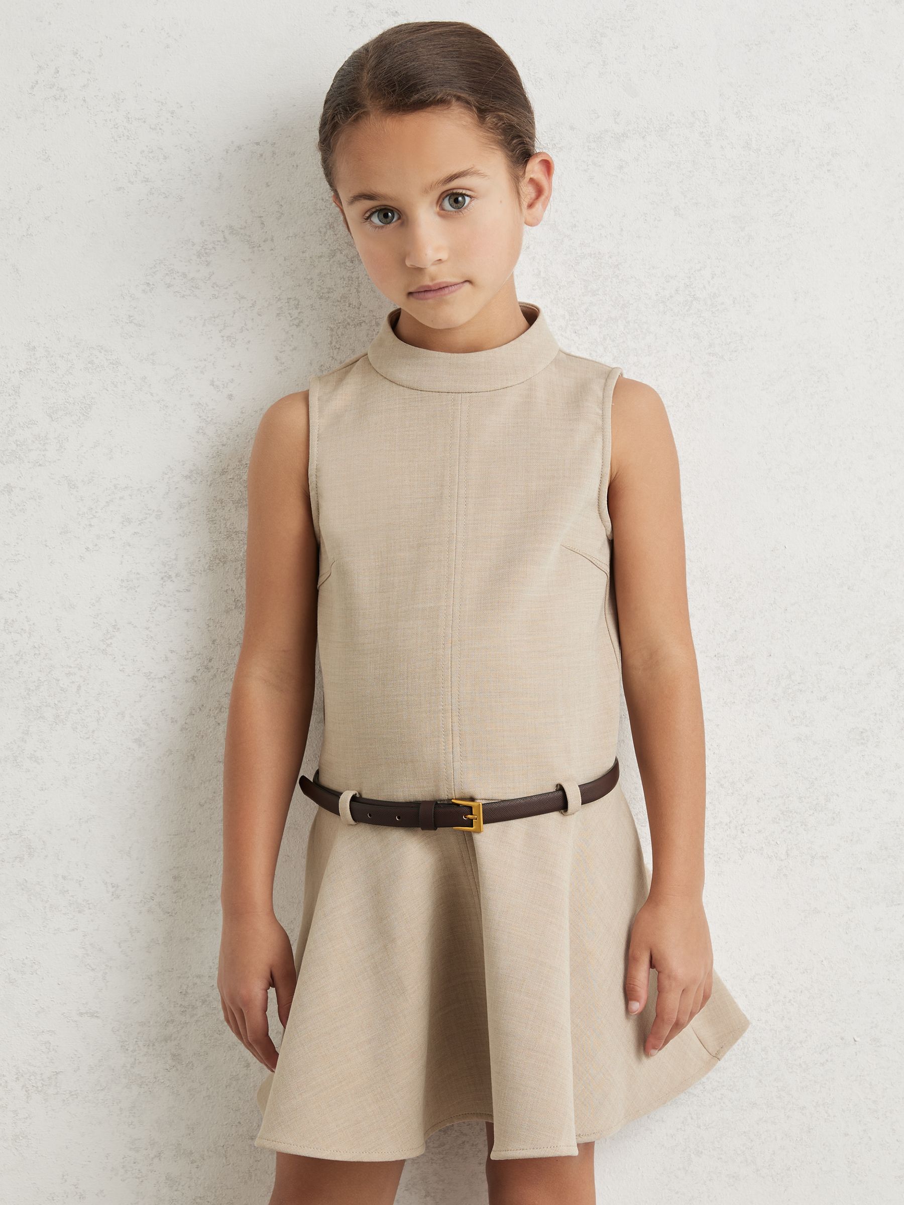 13-14 yrs Drop Waist Belted Sleeveless Dress in Neutral