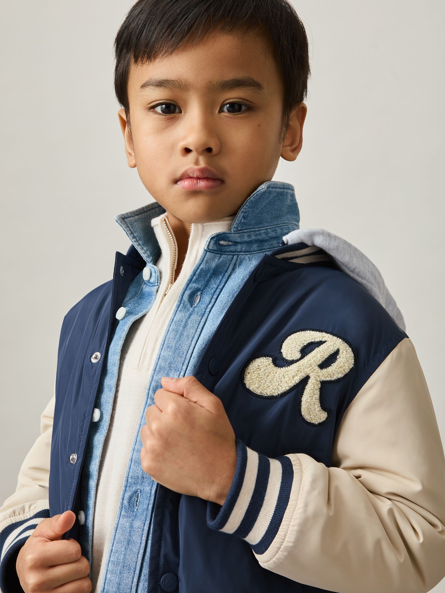 9-13 yrs Logo Patch Hooded Varsity Jacket in Airforce Blue/Off White